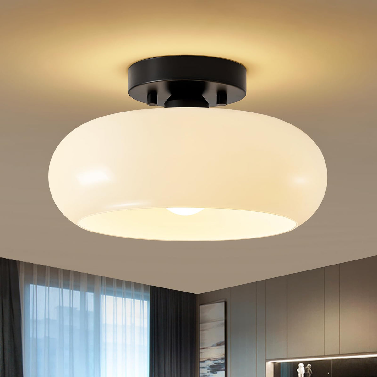 WOKNOS Mid-Century Modern Gold Semi Flush Ceiling Light 11.0 Inch | Small White Glass Shade Close to Ceiling Lighting Fixture For Kitchen Entryway Hallway Bathroom Closet Bedroom Laundry Room
