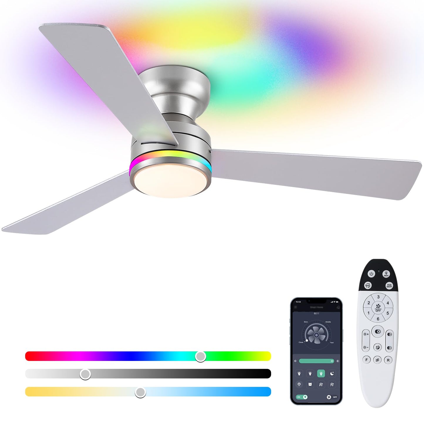 Asyko 46"Black 6-Blade Modern Low Profile Ceiling Fan with Light and Remote | 6 Double-Sided Blades,6 Wind Speeds, Reversible,Dimmable 3 CCT LED Light, 25W Quiet DC Motor,1/2H Timer,for Bedroom Kitchen