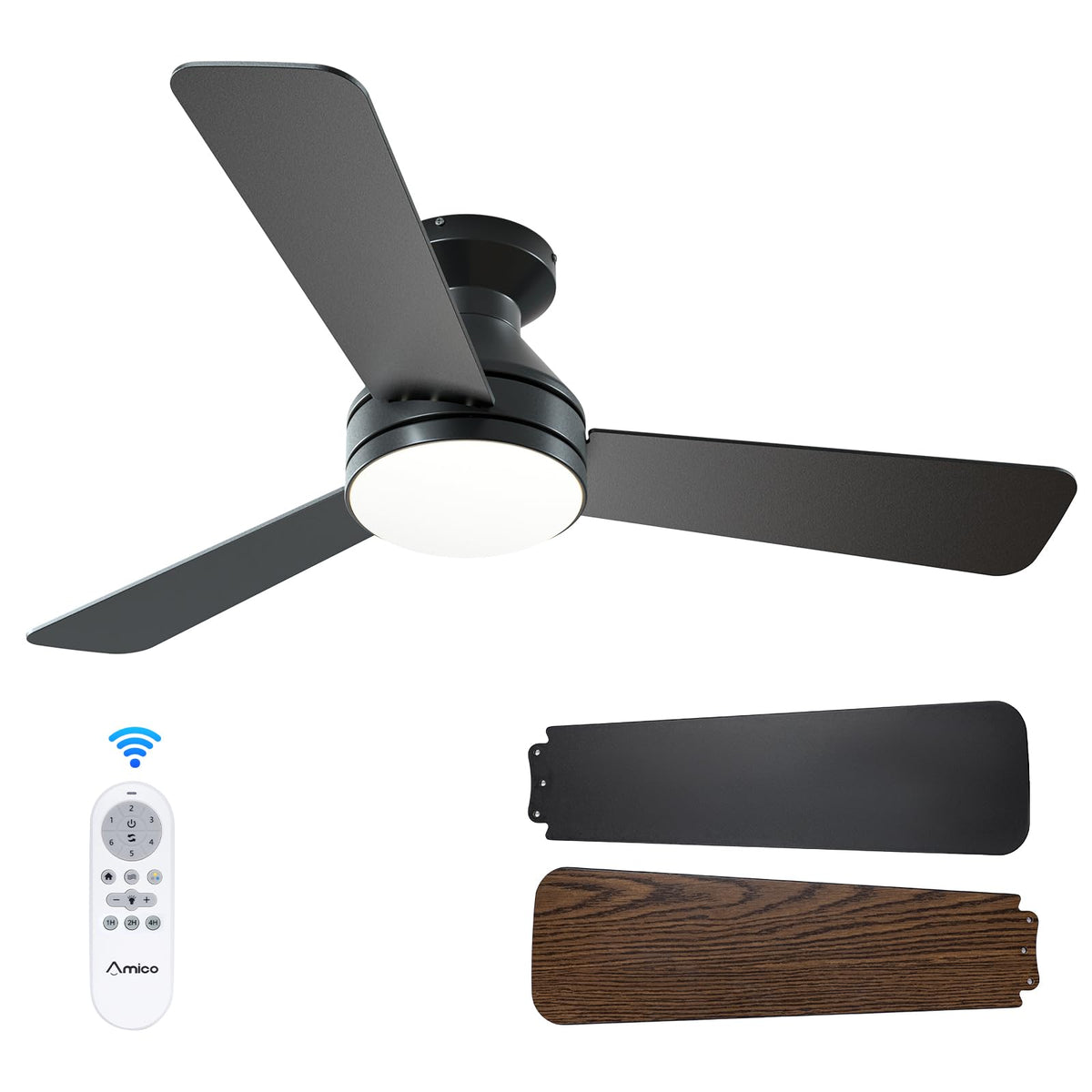 Amico 52 Inch Black Low Profile Ceiling Fans with Lights and Remote | Flush mount, 3-color dimmable light, quiet reversible DC motor, easy install, memory, timer, bedroom, covered outdoor areas