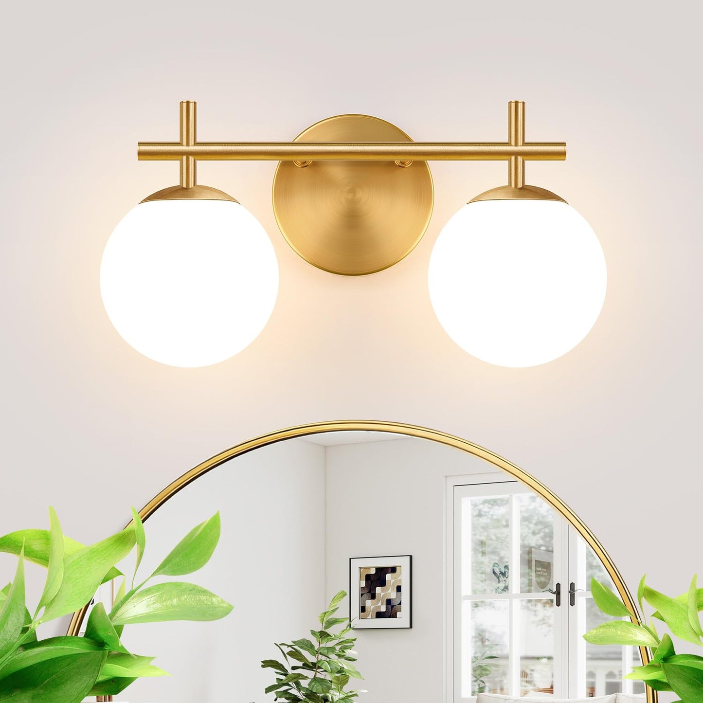 3-Light Bathroom Light Fixtures, Brushed Gold Vanity Lights for Bathroom with Milky White Glass Globe Shade, 19.3 inch Bathroom Lighting Fixtures Over Mirror, Wall Sconce for Bedroom(Bulb Not Included