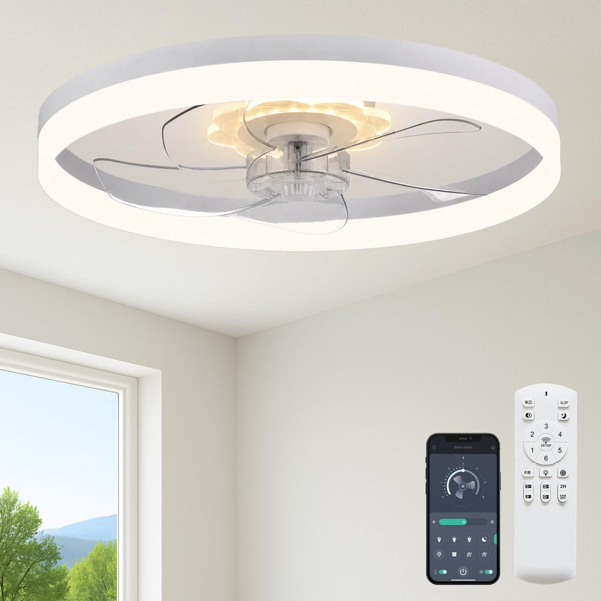 Fszdorj 20'' Ceiling Fan with Light and Remote,White Low Profile Fandelier | 3-Color Night Light, 3000-6500K Dimmable LED, Flush Mount, Remote & App, 6 Speeds & Reverse, Memory, Timer, Quiet Bedroom Fan