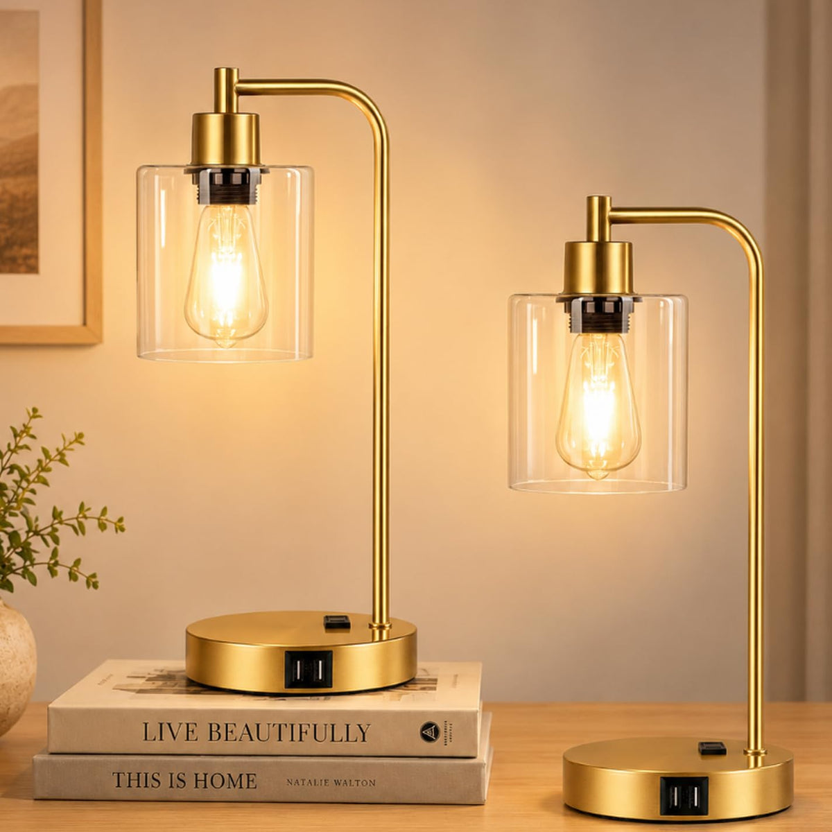 Set of 2 Industrial Touch Control Table Lamps with USB C+A Ports and AC Outlet - 3-Way Dimmable Black Bedside Lamps Nightstand Desk Lamps for Bedroom Living Room, Glass Shade & 2 LED Bulbs Included