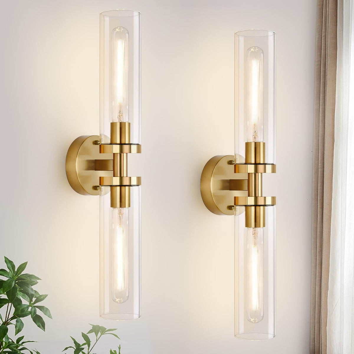 Indoi Hardwired Wall Sconces Set of Two, 22" Black and Gold Bathroom Sconces with Clear Glass, Modern Sconces Wall Decor Set of 2 Wall Light fixtures for Bathroom Mirror Living Room Hallway Bedroom