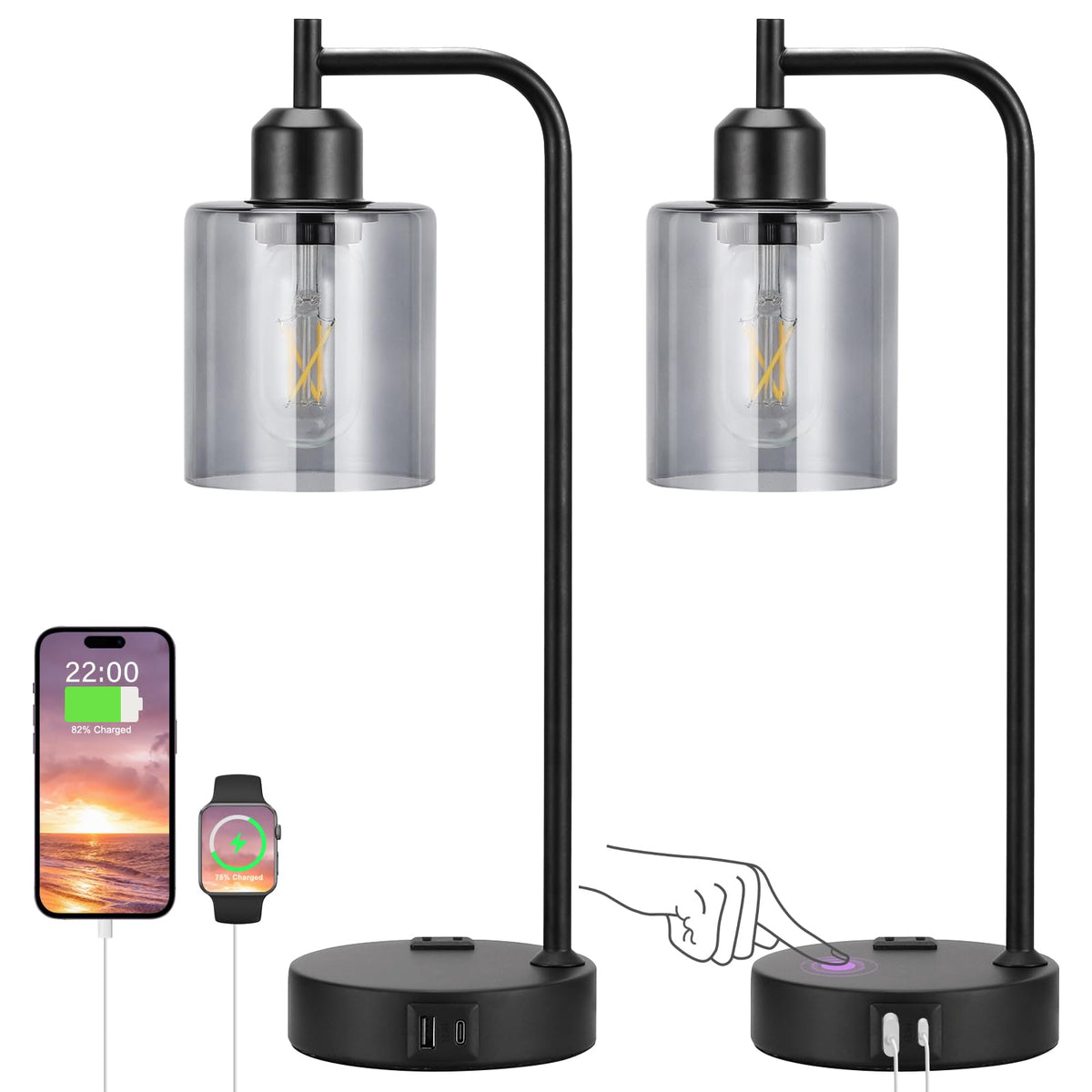 Industrial Touch Lamps for Nightstand Set of 2, 3-Way Dimmable Bedside Lamp | Glass Shade, USB C+A Charging Port & Outlet, Black Desk Lamps for Bedroom, Living Room, Home Office, Reading