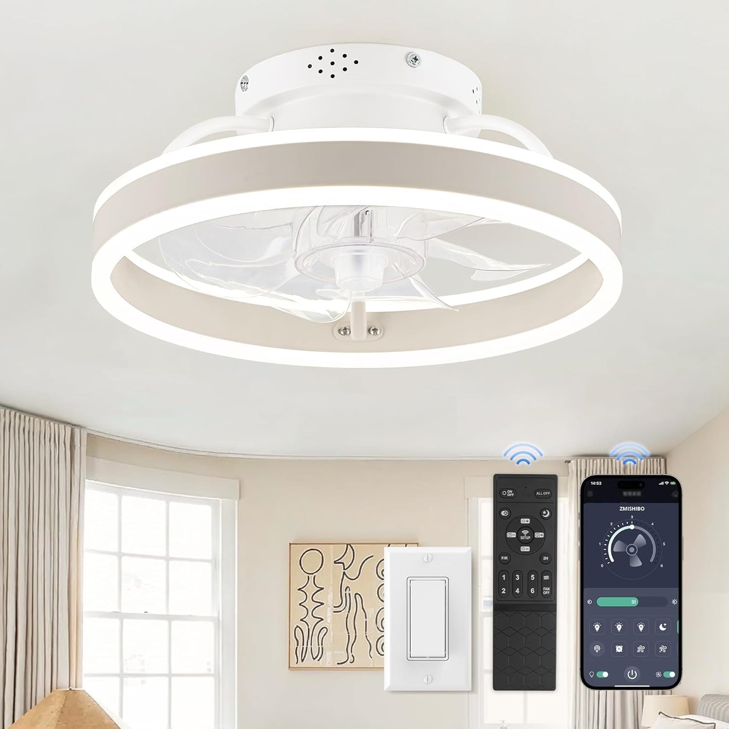 ZMISHIBO Low Profile 19.7'' Ceiling Fans with Lights and Remote, Black | 3000-6000K Dimmable LED Fandelier, Quiet DC Motor, Reversible Airflow, 6 Wind Speeds, Timer, Bedroom, Living Room, Kitchen