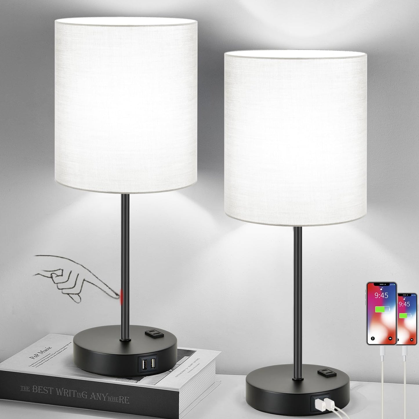 Set of 2 Touch Control Table Lamps with 2 USB & AC Outlet, 3-Way Dimmable Bedside Nightstand Lamps for Bedroom Living Room Nursery, 800 Lumens 5000K Daylight Bulbs Included