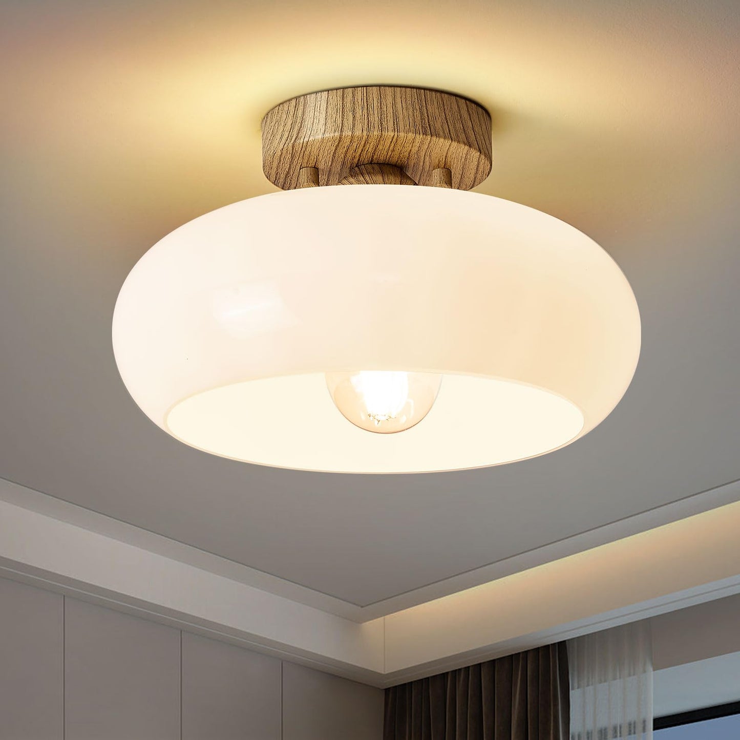 WOKNOS Mid-Century Modern Gold Semi Flush Ceiling Light 11.0 Inch | Small White Glass Shade Close to Ceiling Lighting Fixture For Kitchen Entryway Hallway Bathroom Closet Bedroom Laundry Room