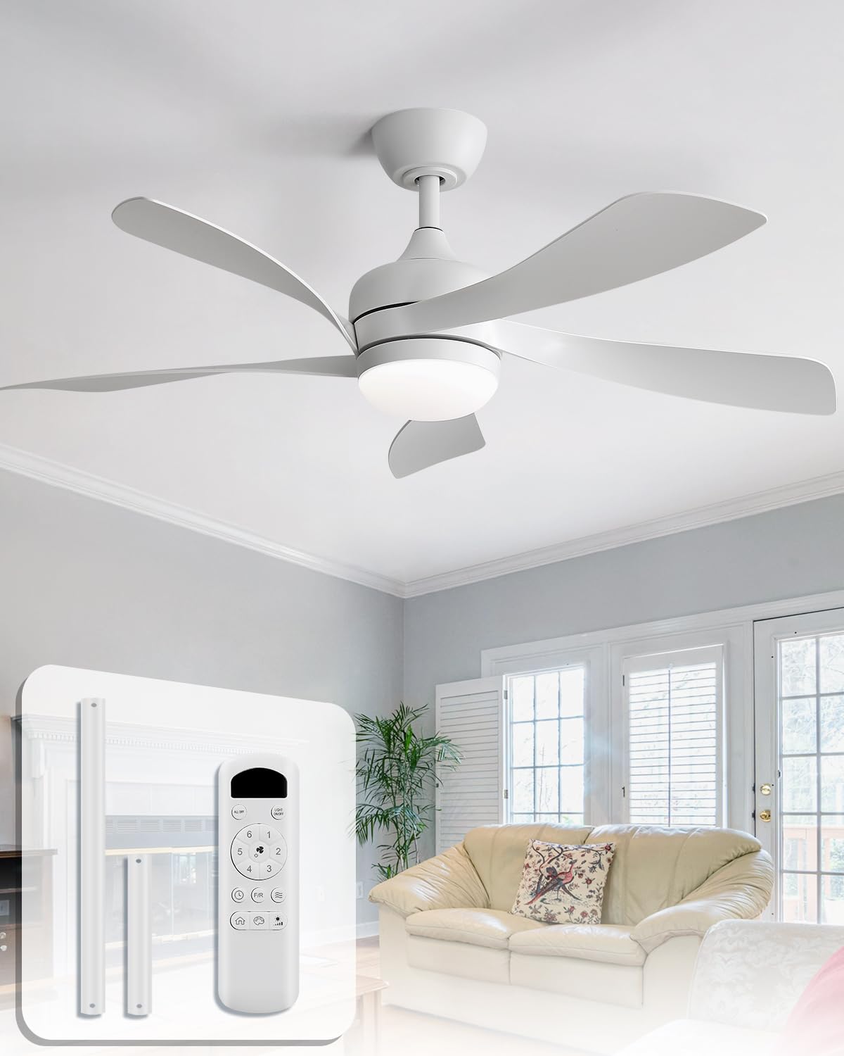 Sofucor 52 Inch Ceiling Fan with Light, 5 ABS Blades Brown | Remote Control Compatible, Reversible Quiet DC Motor, Timer, 6 Speeds, 3-CCT for Living Room Bedroom Patio Farmhouse