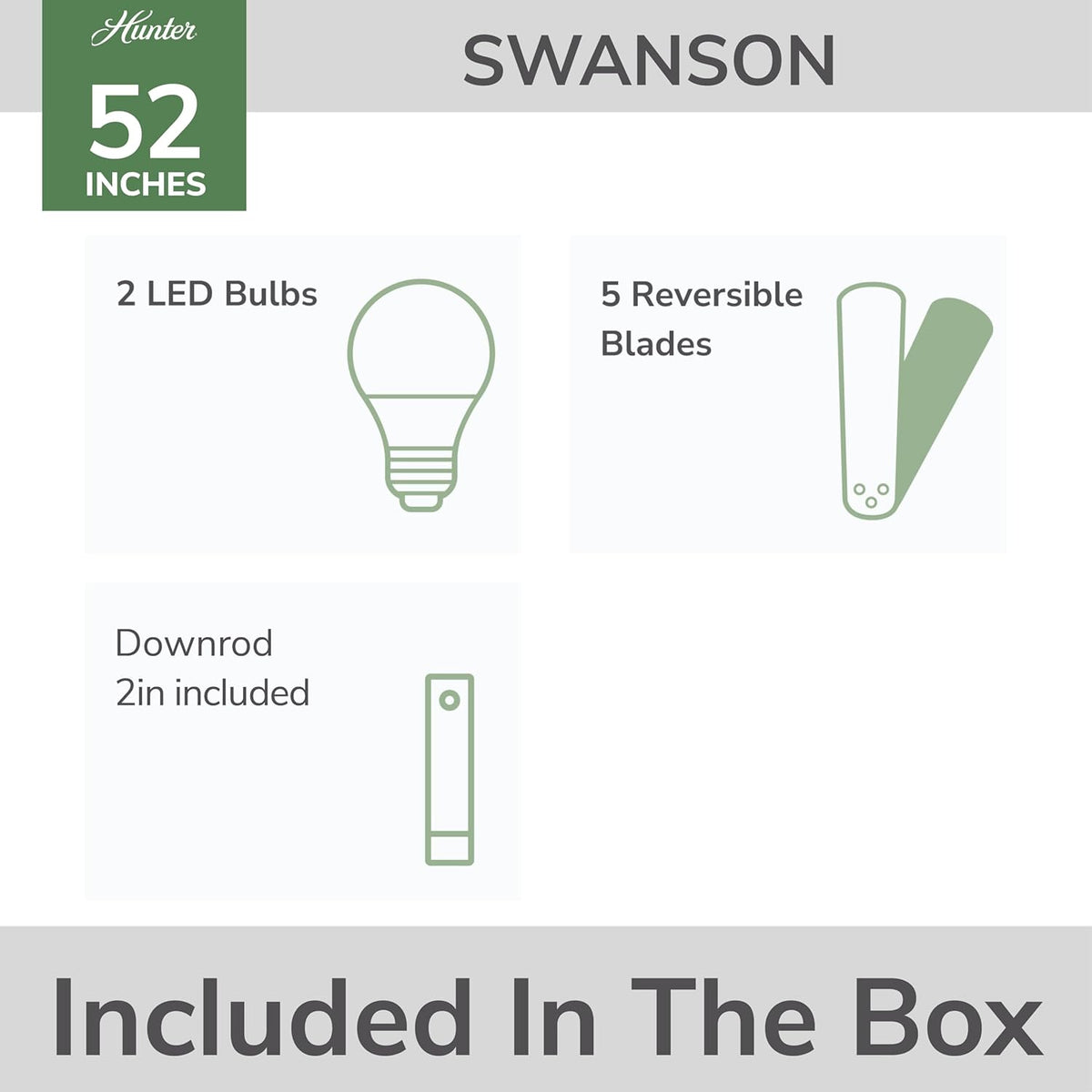Hunter Swanson, Indoor, Ceiling Fan, with LED Light, 52 inch, Fresh White | Standard Mount, Pull Chain, 5 Blades, For Bedroom, Living Room, Kitchen, 50908