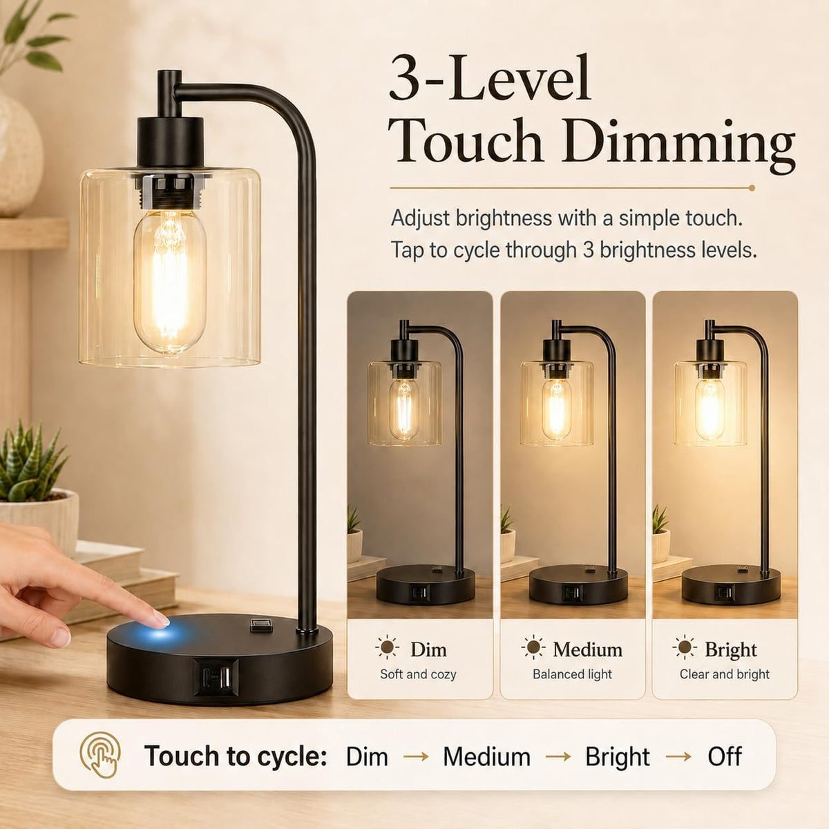 Set of 2 Industrial Touch Control Table Lamps with USB C+A Ports and AC Outlet - 3-Way Dimmable Black Bedside Lamps Nightstand Desk Lamps for Bedroom Living Room, Glass Shade & 2 LED Bulbs Included