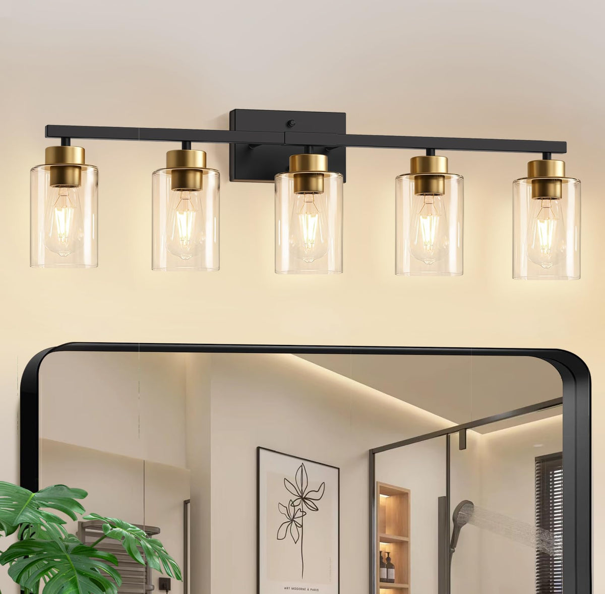 IZORRO Modern Bathroom Light Fixtures, 4 Light Black Vanity Lights, Bathroom Lighting Fixtures Over Mirror with Clear Glass for Living Room Cabinet Bedroom