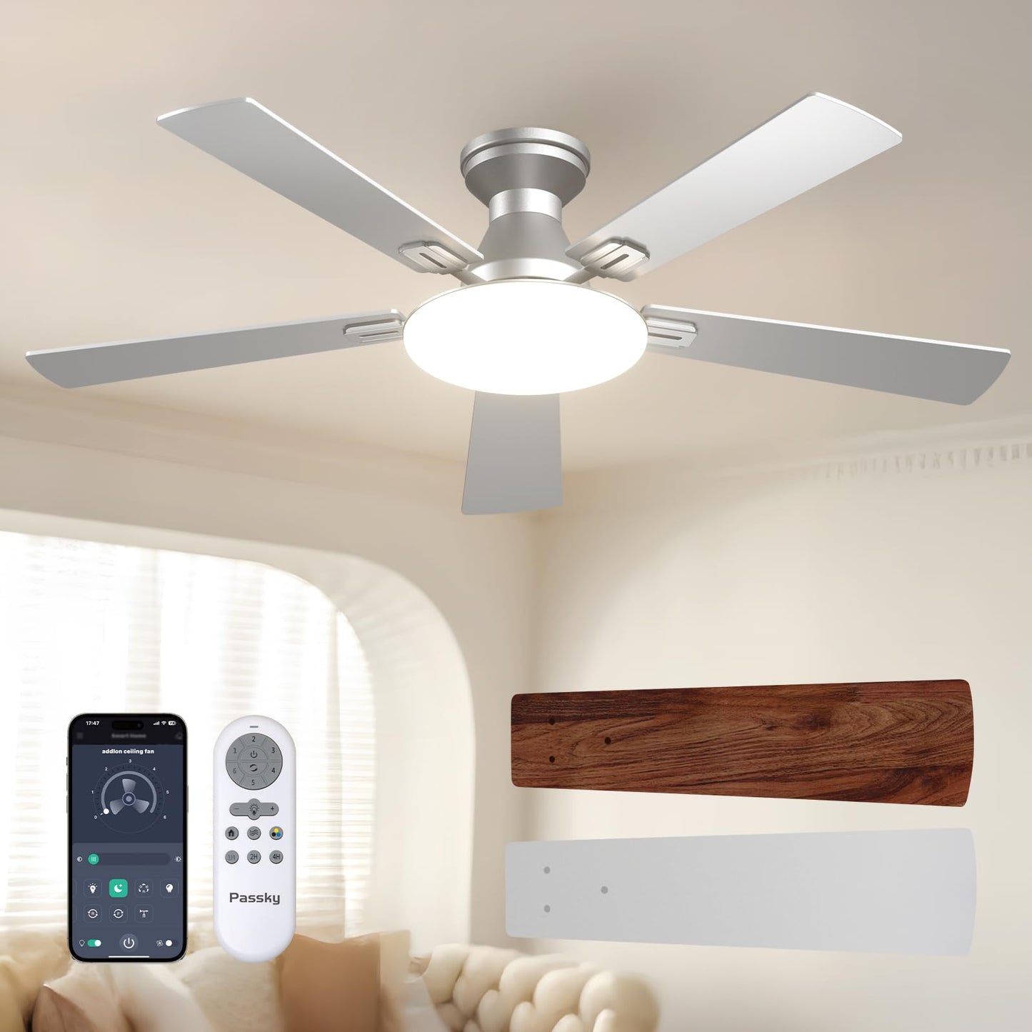 Passky 52 Inch Black Low Profile Ceiling Fans with Lights and Remote | Flush mount, 3-color dimmable light, quiet reversible DC motor, easy install, memory, APP, bedroom, covered outdoor areas
