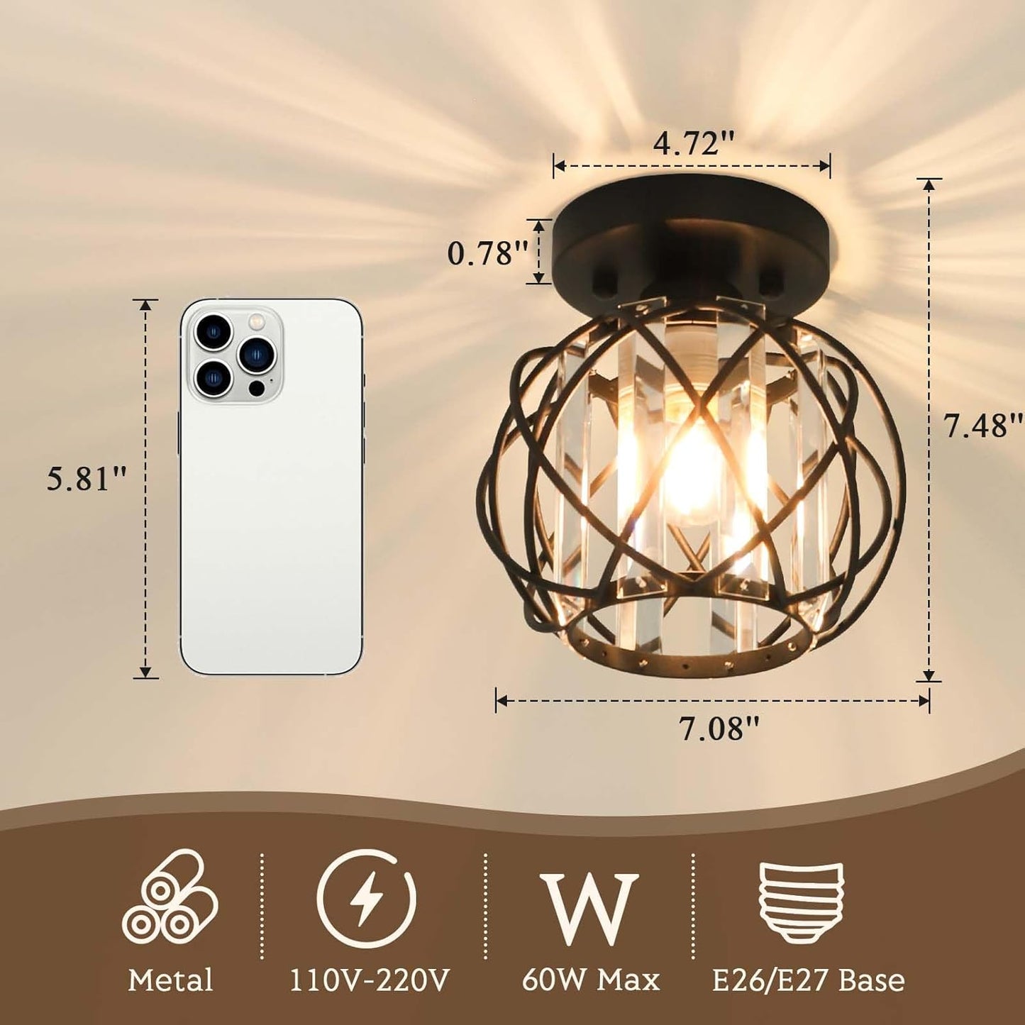 Hallway Ceiling Light fixtures,Flush Mount Ceiling Light Fixture E26 Ceiling Lighting with Crystal Small Chandelier Indoor Lighting for Foyer Entryway Bedroom Bathroom Closet Living Room