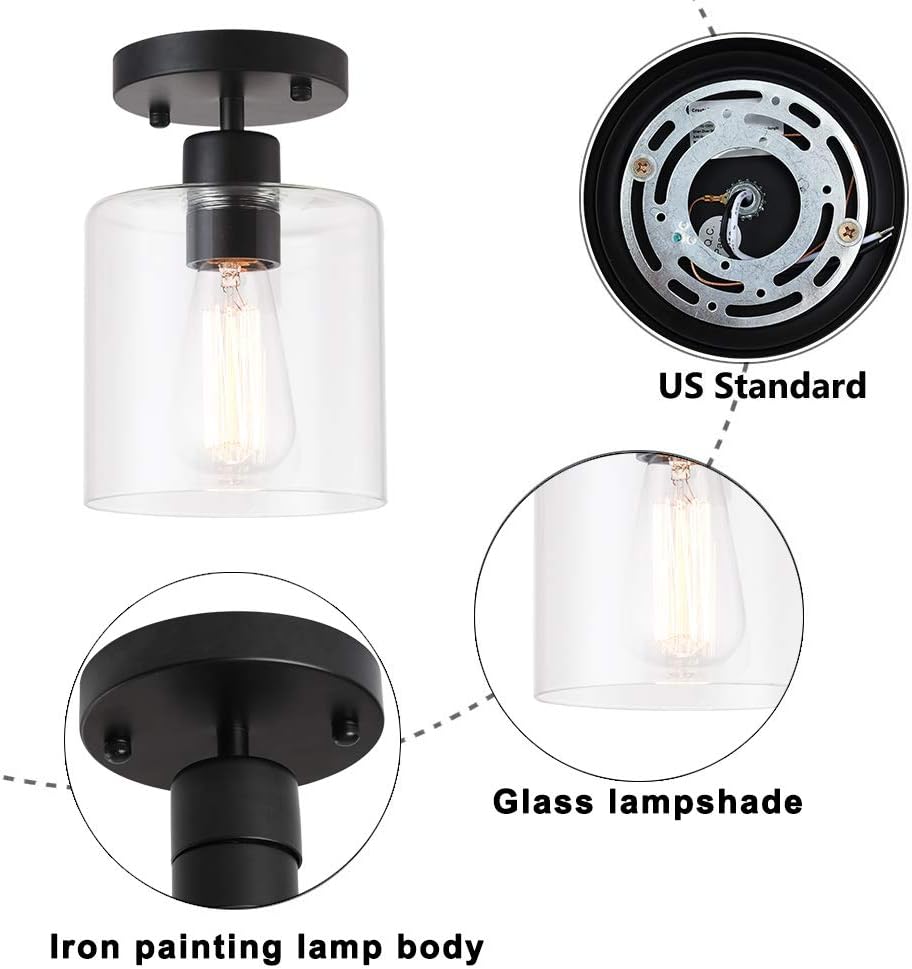 2 Pack Black Modern Semi Flush Mount Ceiling Light,Rustic Ceiling Light Fixture for Closet Hallway Entryway,Hallway Ceiing,Matte Black Finish (6 in)