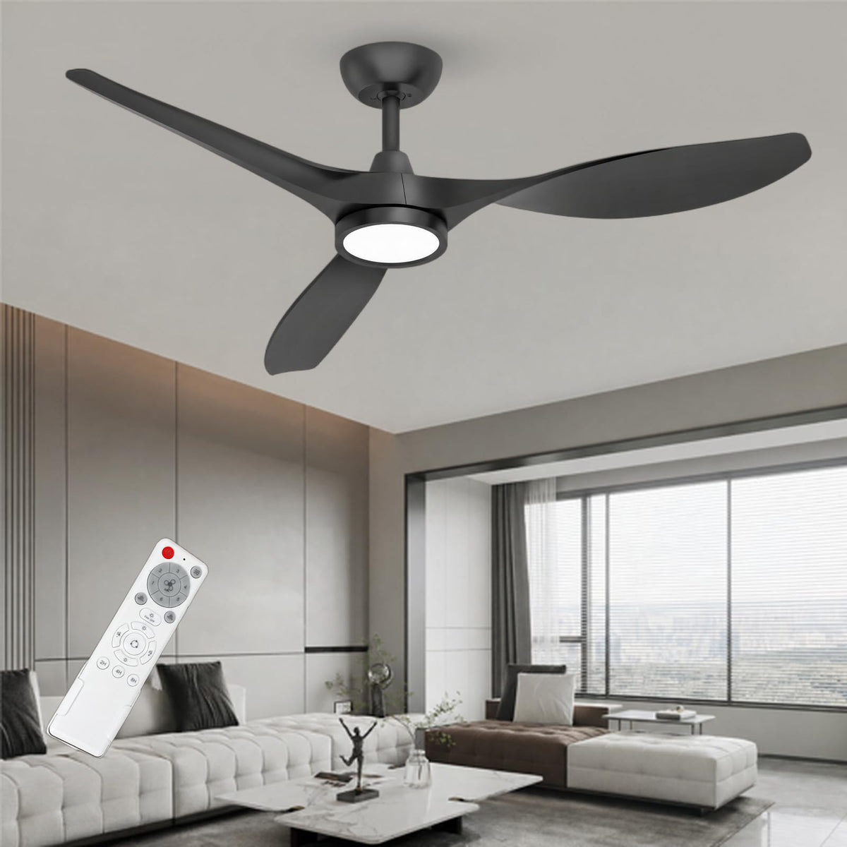 Roomratv 52'' Modern Ceiling Fan with Light, Wide Blade Design, Remote | DC Motor,Reversible,Color Adjustable,Dimmable,Led Light,6 Speeds,3 Timers,Modern,Plastic,Bedrooms, Living rooms,Indoor