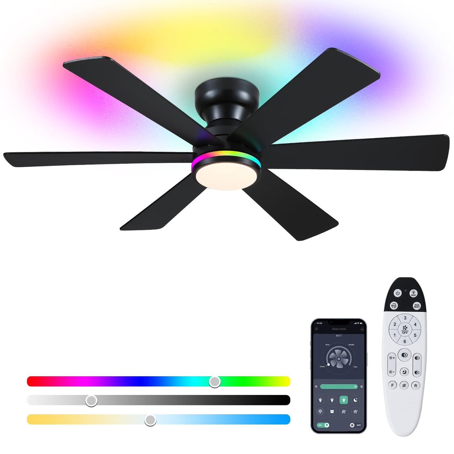 Asyko 46"Black 6-Blade Modern Low Profile Ceiling Fan with Light and Remote | 6 Double-Sided Blades,6 Wind Speeds, Reversible,Dimmable 3 CCT LED Light, 25W Quiet DC Motor,1/2H Timer,for Bedroom Kitchen