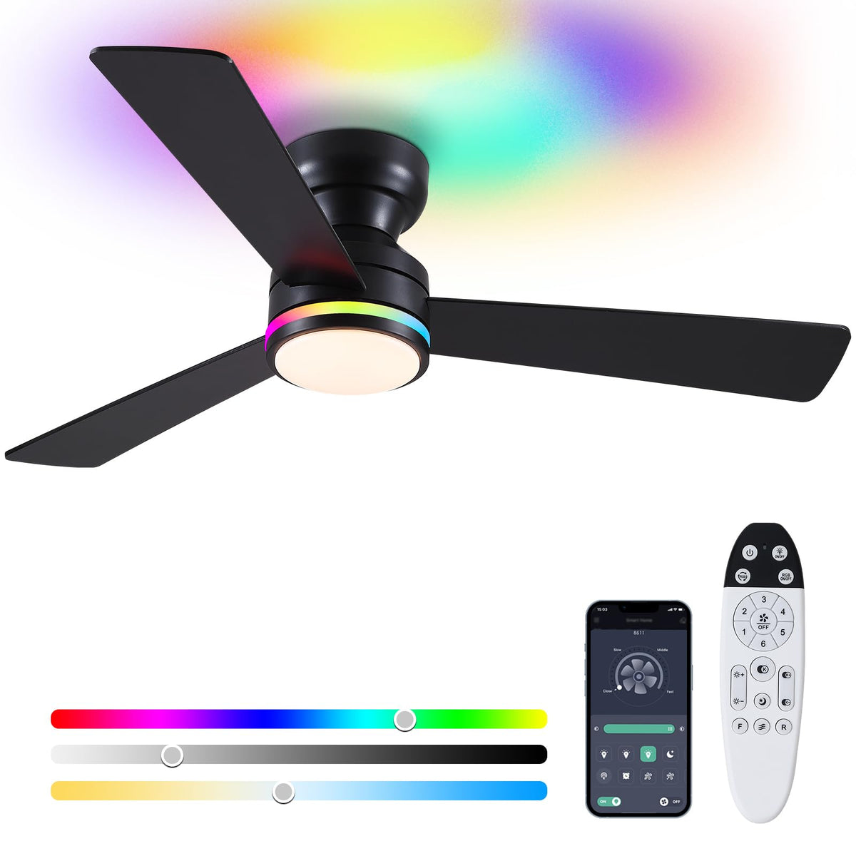Asyko 46"Black 6-Blade Modern Low Profile Ceiling Fan with Light and Remote | 6 Double-Sided Blades,6 Wind Speeds, Reversible,Dimmable 3 CCT LED Light, 25W Quiet DC Motor,1/2H Timer,for Bedroom Kitchen
