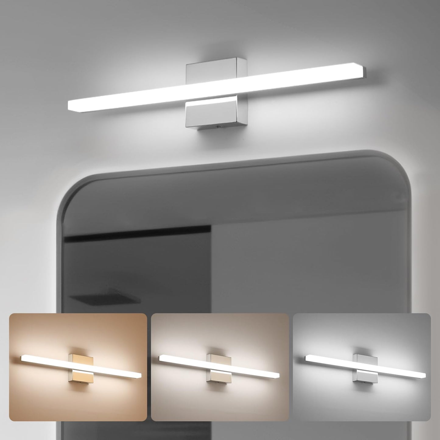 Bathroom Light Fixtures Over Mirror, Modern Bath Wall Lamp Chrome | Small 16 Inch, Gentle Lighting, Linear Lamp Bar for Vanity Restroom, Lámparas para Baño, IP44 Rustproof, 6000K Cool White