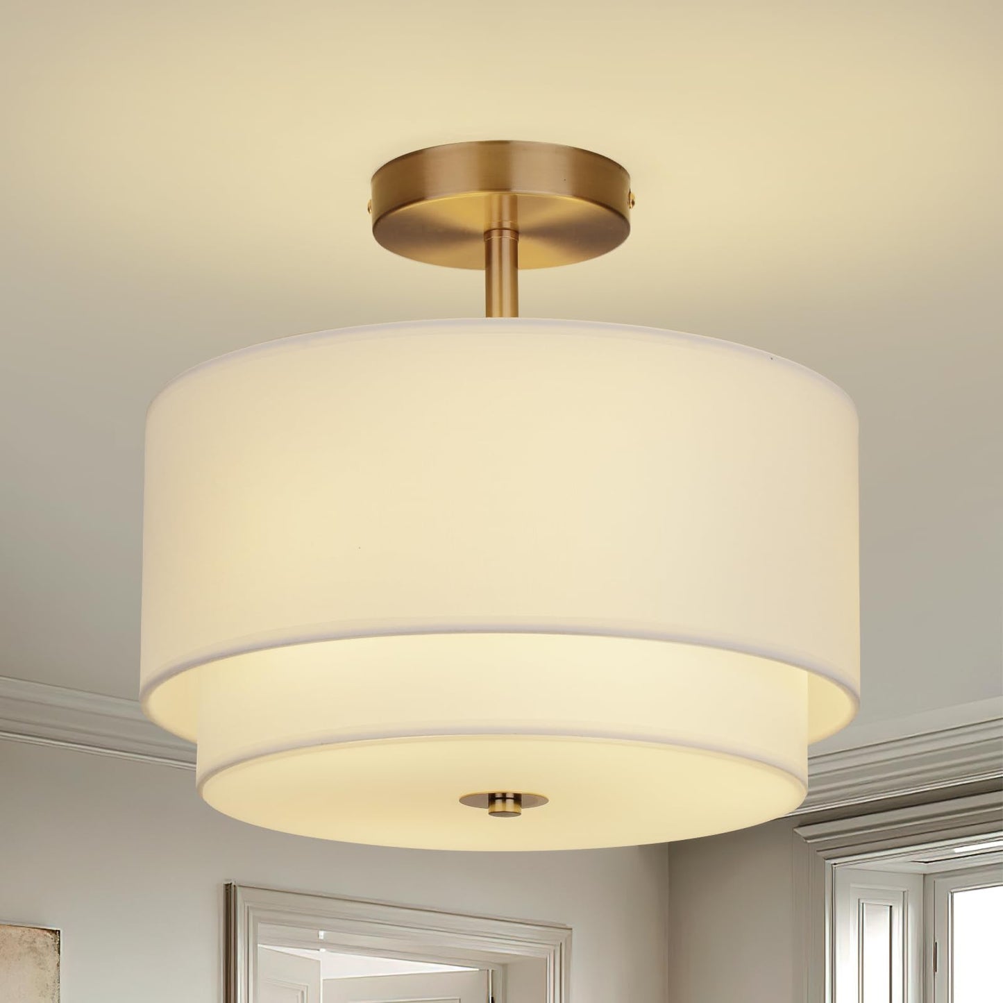 Semi Flush Mount Ceiling Light Fixture,12.6'' Gold Light Fixtures Ceiling Mount, Modern Close to Ceiling Light with 2-Layer Linen Shade,Farmhouse Drum Ceiling Light for Bedroom Hallway Living Room