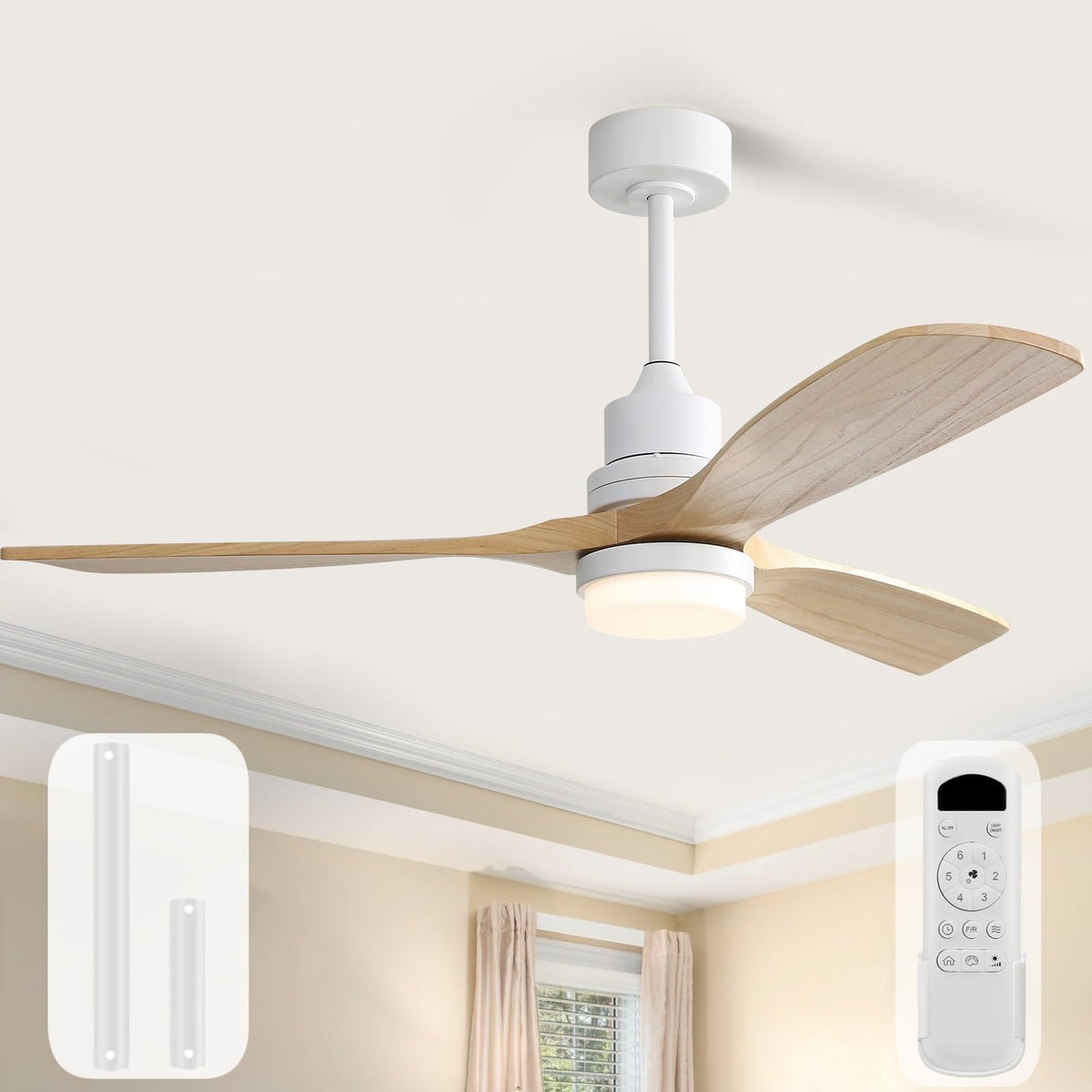 Sofucor 52 Inch Wood Ceiling Fans with Lights and Remote, Indoor/Outdoor | Modern, 3 Blade, Quiet Reversible DC Motor, 3CCT Dimmable, 6 Speeds, Timer, Bedroom/Living Room/Patio/Kitchen, Natural Wood