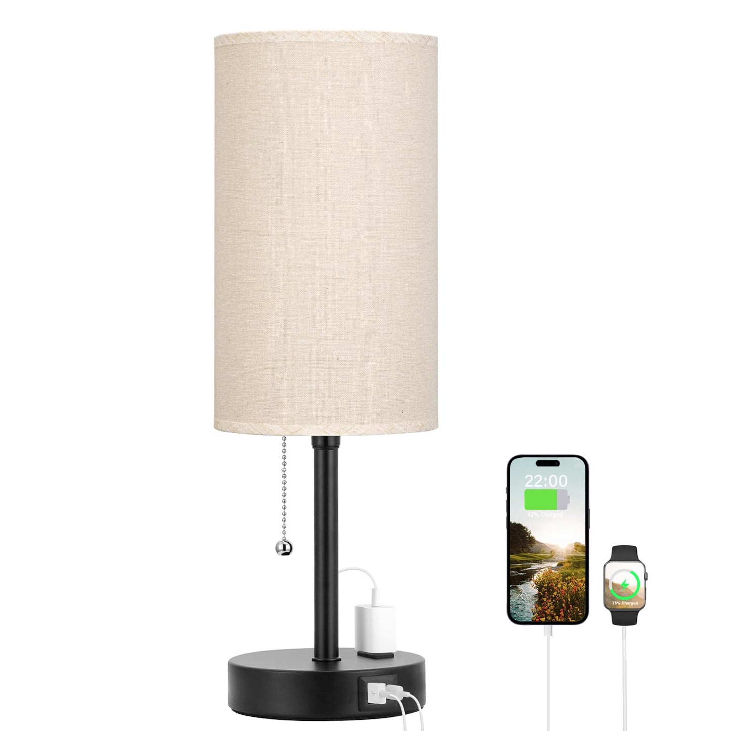 Dicoool Bedside Table Lamp for Bedroom - Small Desk Lamp with USB Ports | USB A+C Ports, AC Outlet, 3 Color Temperatures, LED Bulb Included, White Fabric Shade, Black Metal Base, 14" Nightstand lamp