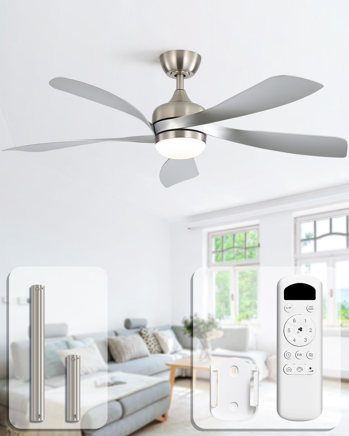 Sofucor 52 Inch Ceiling Fan with Light, 5 ABS Blades Brown | Remote Control Compatible, Reversible Quiet DC Motor, Timer, 6 Speeds, 3-CCT for Living Room Bedroom Patio Farmhouse
