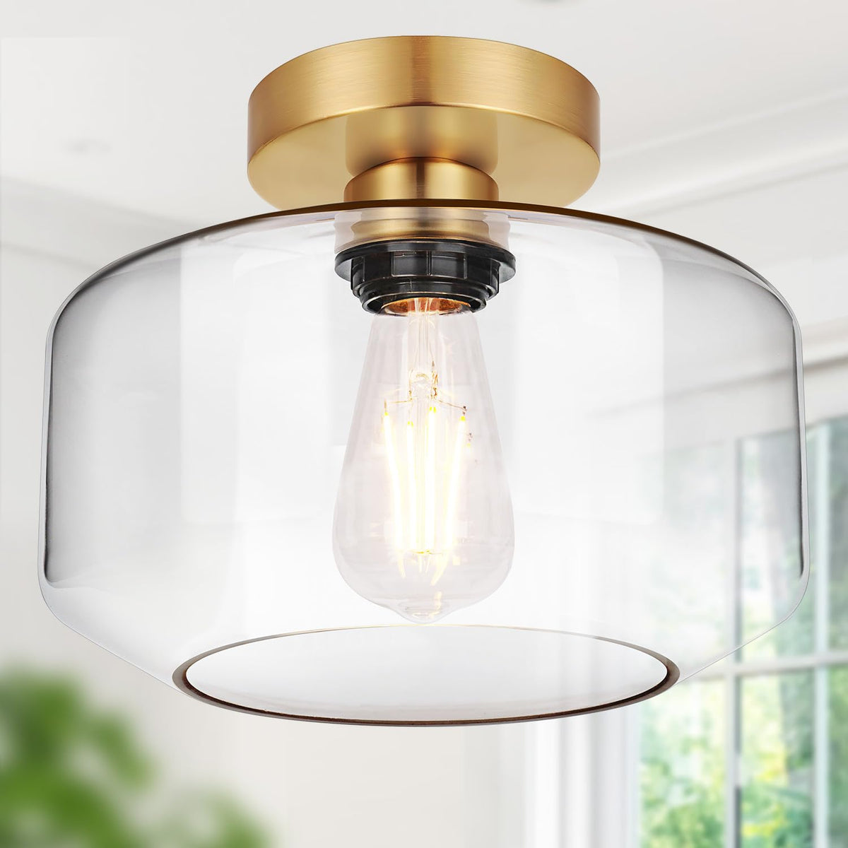 Industrial Semi Flush Mount Ceiling Light, 800 Lumen LED Bulb Included, Seeded Glass Shade Farmhouse Light Fixture for Hallway Corridor Kitchen Bathroom Bedroom Passway