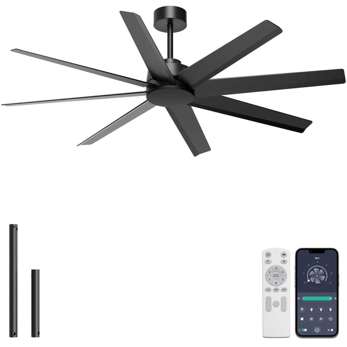 Ohniyou 60" Black Ceiling Fan with Light for Patio, Porch, Living Room | Remote/App Control, Quiet DC Motor, 3CCT Dimming, Modern Covered Outdoor Fan with 8 ABS Blades