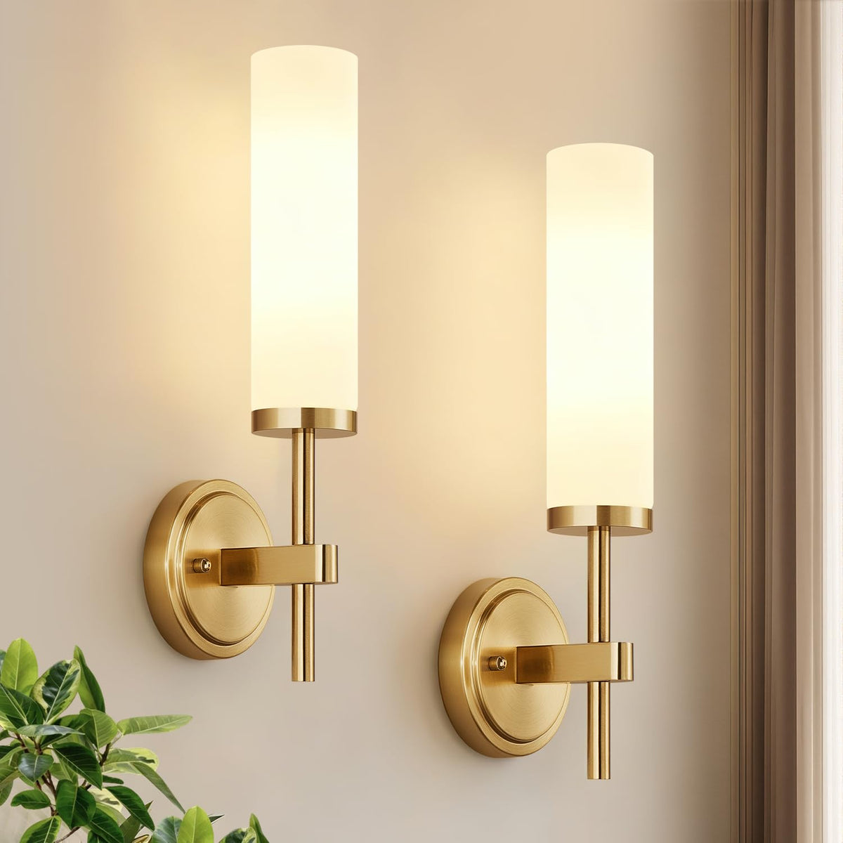 [Hardwired] Wall Sconces Set of Two, Brushed Gold Bathroom Sconces with Clear Glass, Modern Wall Light Fixtures for Bathroom Mirror Vanity, Living Room, Bedroom, Hallway, Stairway, Cabinet, Foyer