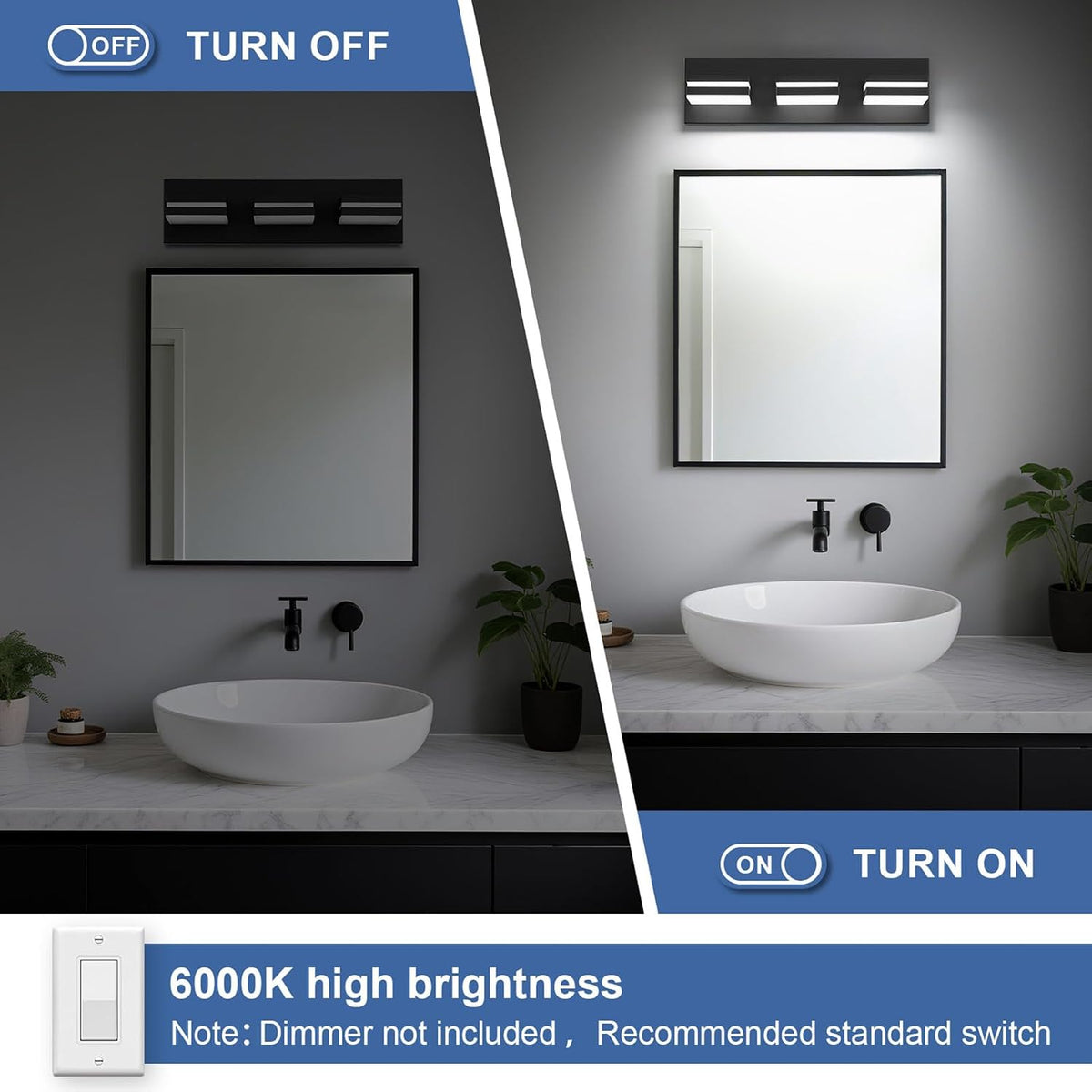 Modern LED Small Black Acrylic Bathroom Lights Fixtures 3-Light | Wall Lighting,Vanity Lights for Bathroom Over Mirror 6000K 350°Rotate（No Assembly Required）