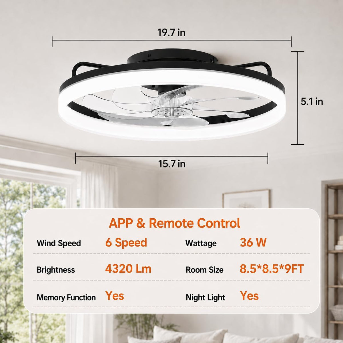 20 Inch Ceiling Fan Light with Lights and Remote, Easy Install Ceiling Fans | Low Profile Flush Mount Ceiling Fans with Light, 3CCT Dimmable Smart Ceiling Fan Lights for Bedroom
