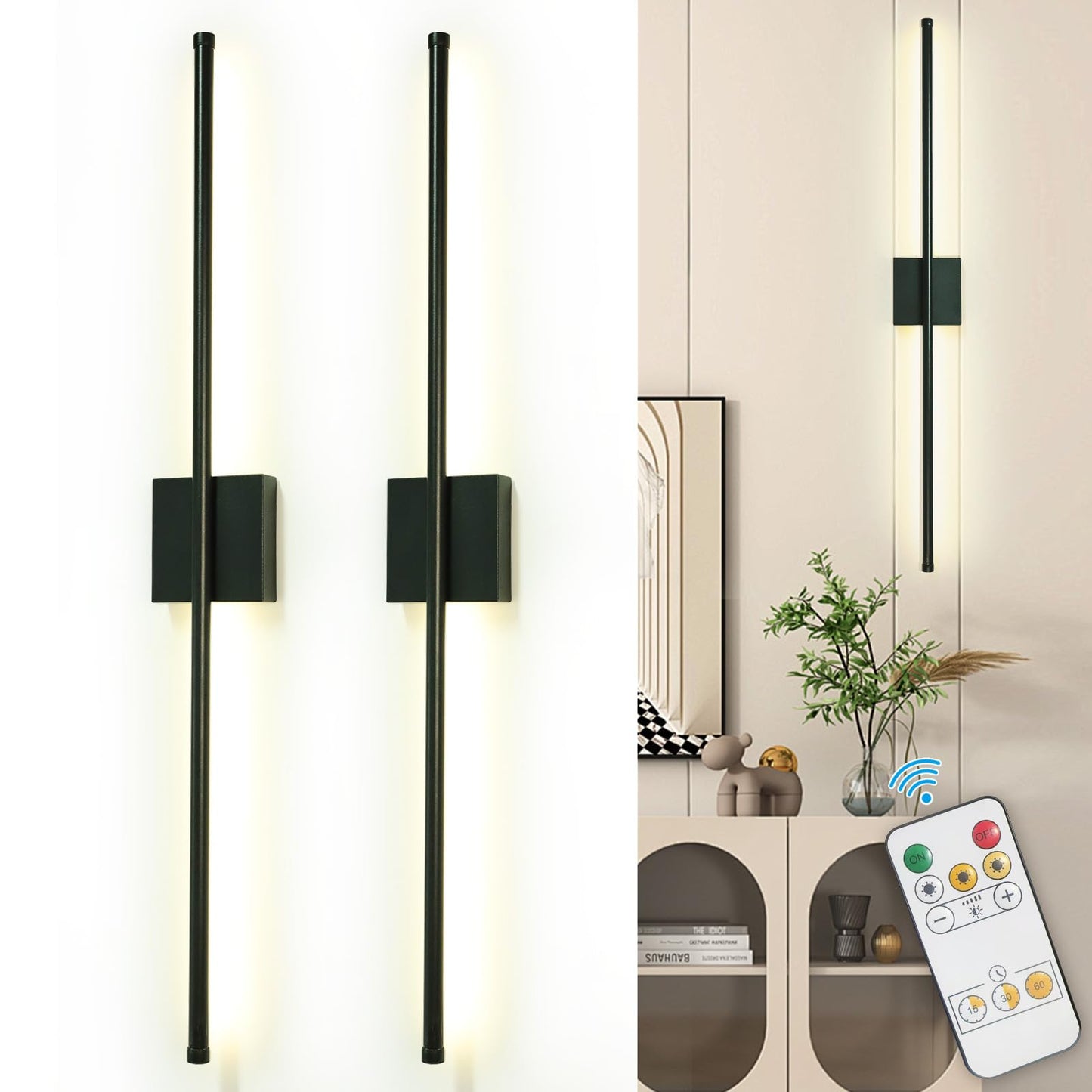 Depuley Battery Operated Wall Sconce: Set of 2 Wireless Wall Lights with 10000mAh Dimmable Bulbs and Remote for Bedroom - Rechargeable 15 Colors Gold Wall Lamp for Living Room Hallway