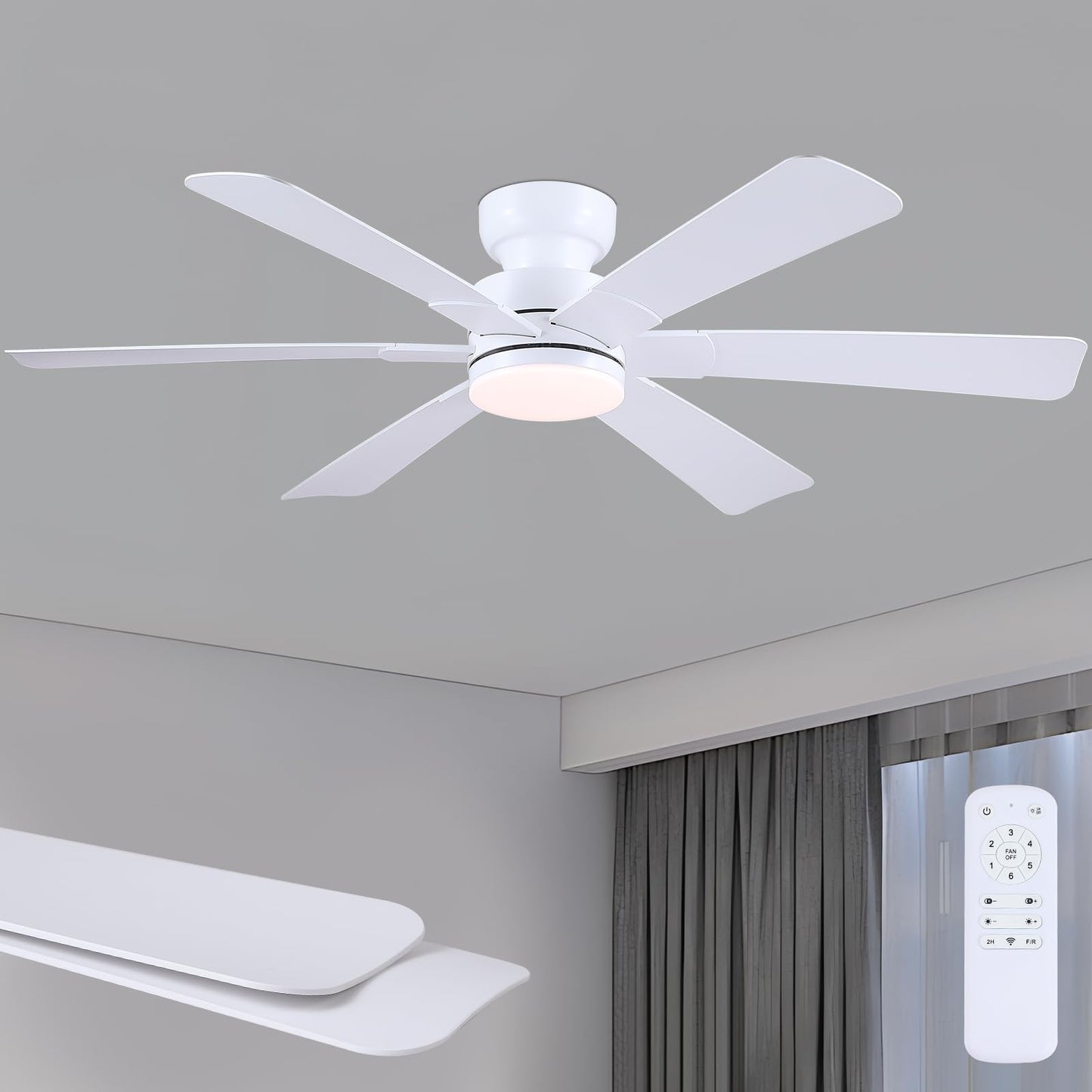 Asyko 46"Black 6-Blade Modern Low Profile Ceiling Fan with Light and Remote | 6 Double-Sided Blades,6 Wind Speeds, Reversible,Dimmable 3 CCT LED Light, 25W Quiet DC Motor,1/2H Timer,for Bedroom Kitchen