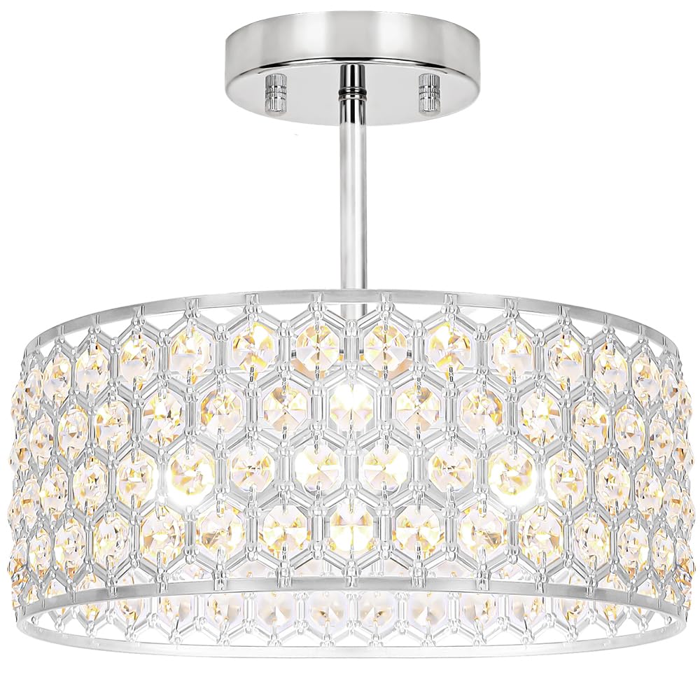 Crystal Ceiling Light Fixture, Modern Semi Flush Mount Ceiling Light, Gold Hallway Lighting Fixtures Chandelier for Kitchen, Close To Ceiling Light Fixtures for Entryway Bedroom, 1-Light, 11Inch