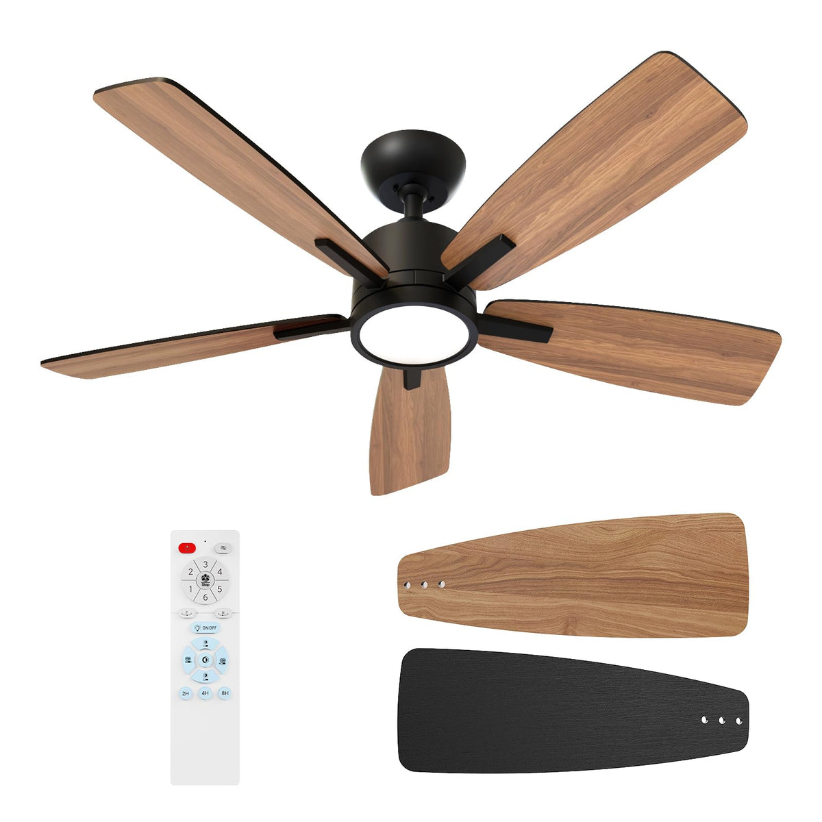 TALOYA 52 Inch Black Ceiling Fans with Lights Led Remote Control Flush Mount Low Profile for Bedroom Living Dining Room Outdoor Farmhouse Patio,Reversible,DC Motor,Diammable,Buzzer ON/Off,5 Blades