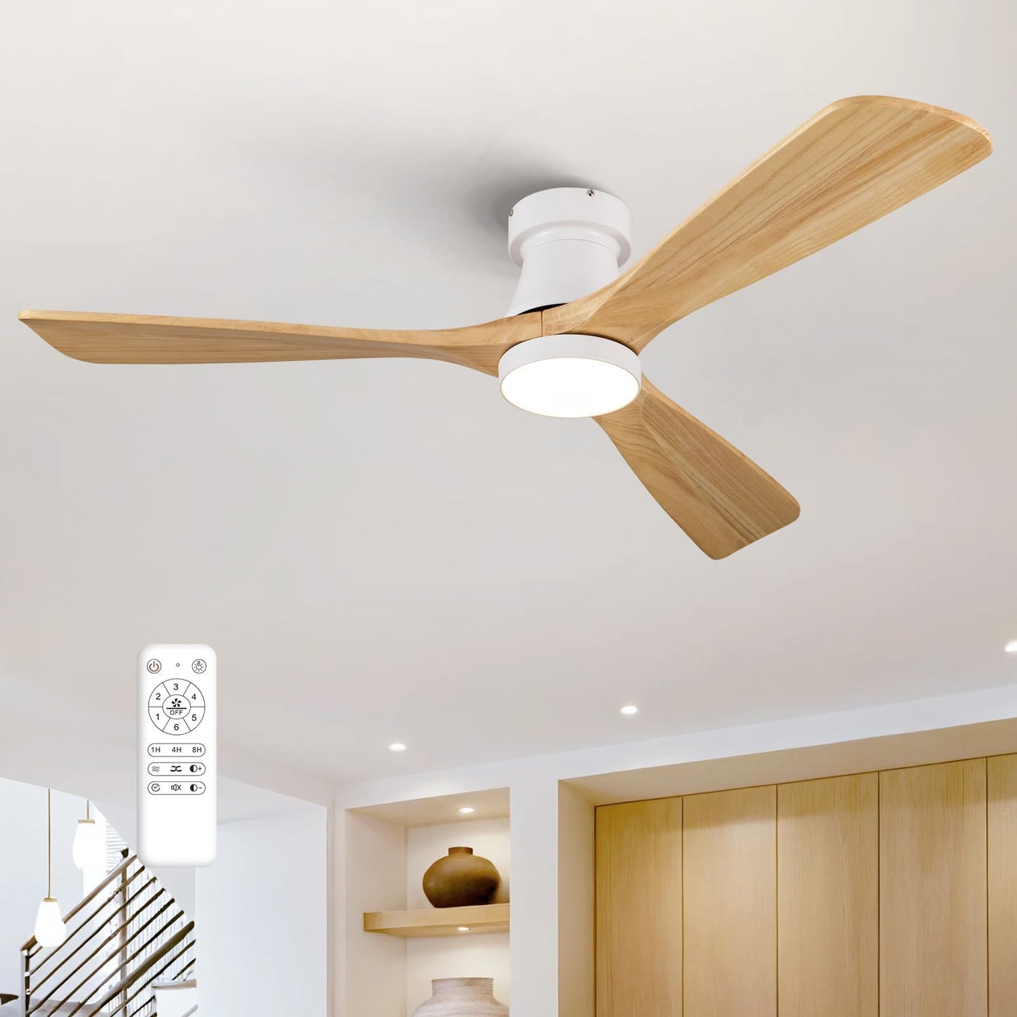 42-Inch Ceiling Fan with Lights, Remote Control, Flush Mount, Dimmable, Reversible, Wood Blades, Power-Off Memory, Quiet DC Motor – Modern Hugger Ceiling Fan for Living Room, Bedroom, Patio