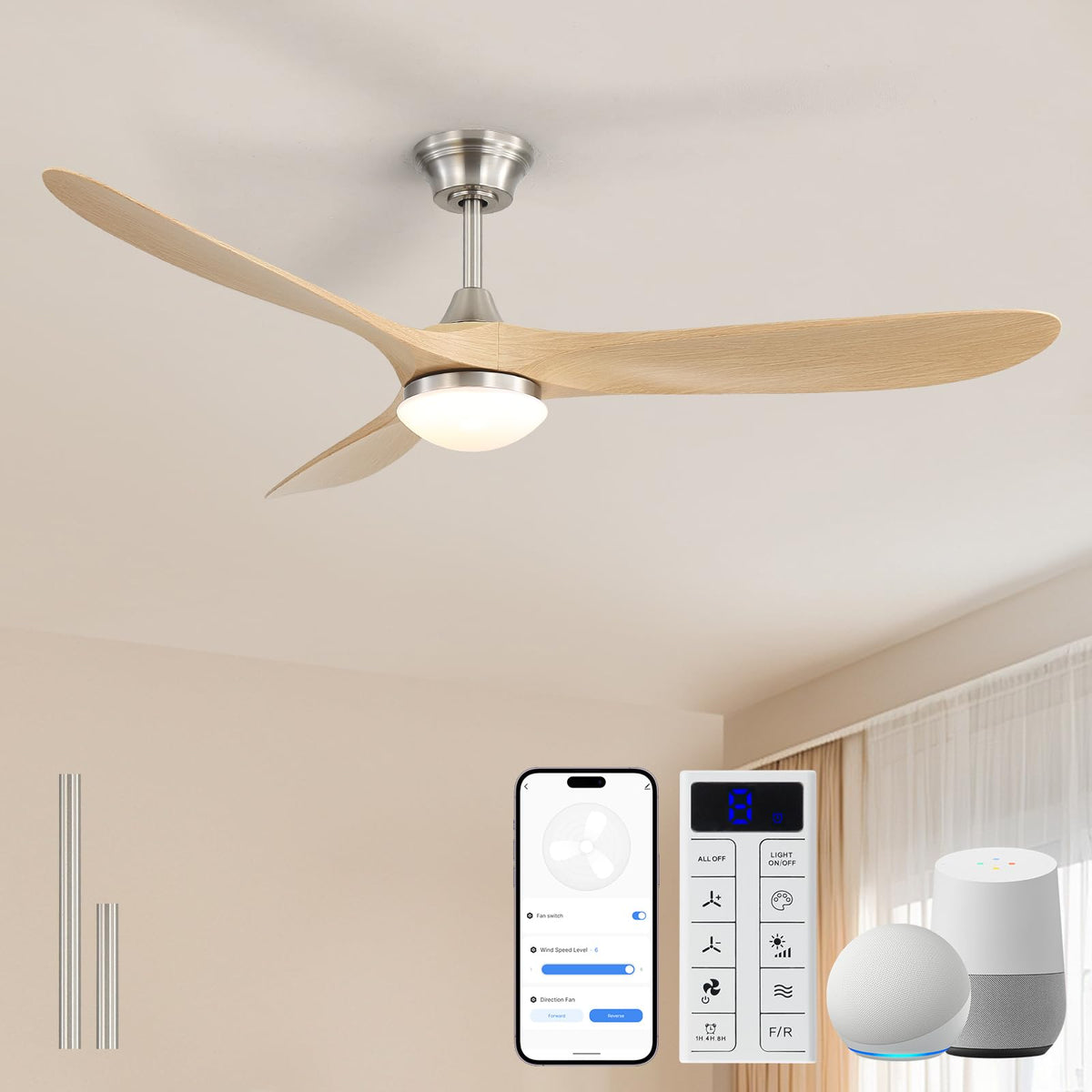 Sofucor 52 Inch Wood Ceiling Fans with Lights and Remote, Indoor/Outdoor | Modern, 3 Blade, Quiet Reversible DC Motor, 3CCT Dimmable, 6 Speeds, Timer, Bedroom/Living Room/Patio/Kitchen, Natural Wood
