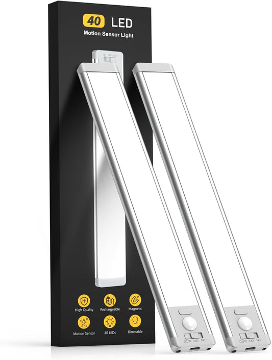 MCGOR 10inch Under Cabinet Lighting, 2 Pack Rechargeable Motion Sensor Light Indoor, 5 Levels Dimmable Magnetic Closet Lights, Wireless Under Counter Lights for Kitchen, Stairs