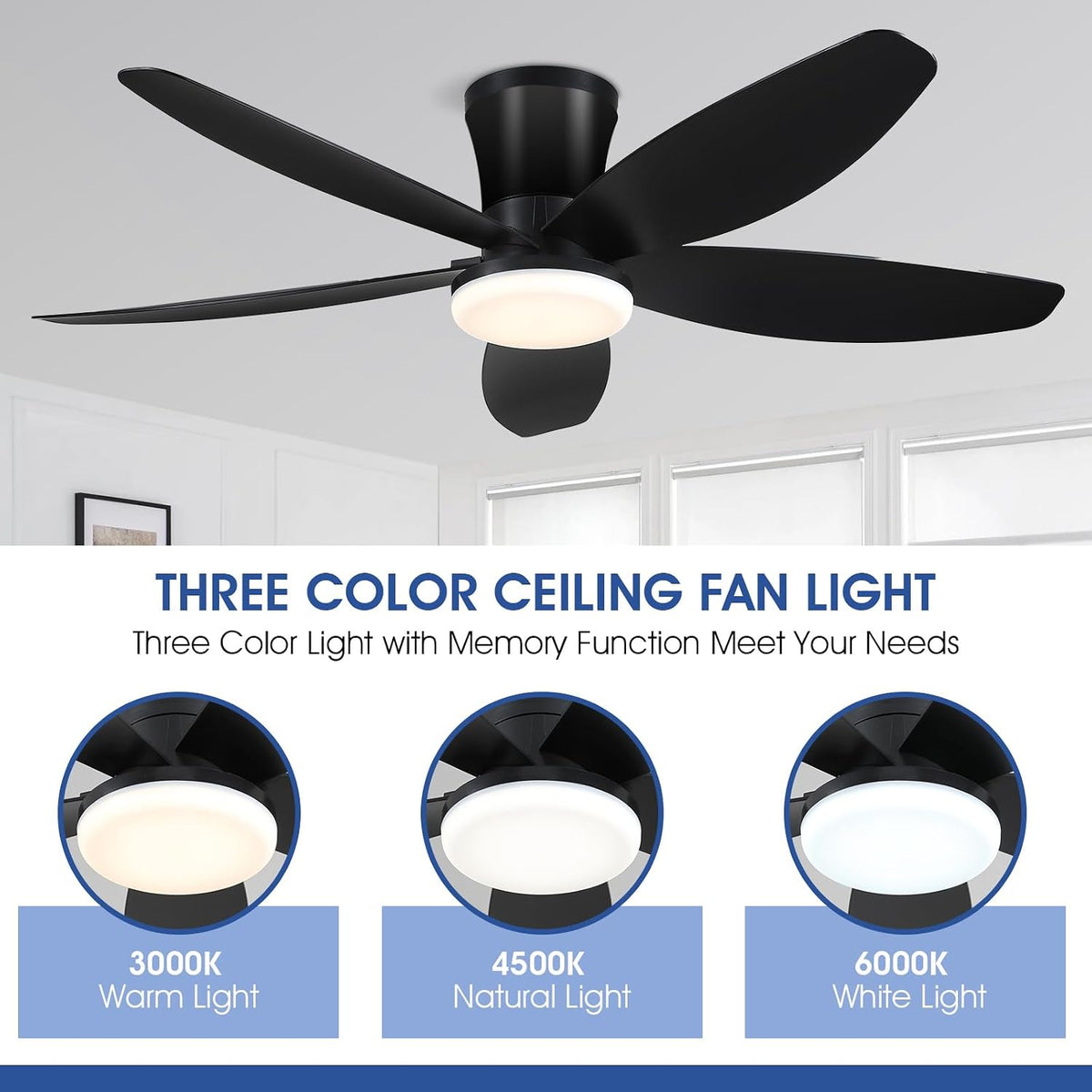 42" Ceiling Fans with Lights-Low Profile Ceiling Fan with Light and Remote Control,Flush Mount,DC Reversible,LED Dimmable Blakc Ceiling Fans for Bedroom,Indoor/Outdoor Patio Use