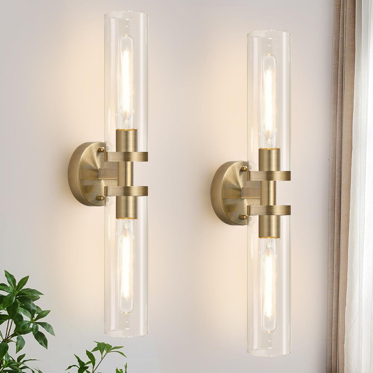 Indoi Hardwired Wall Sconces Set of Two, 22" Black and Gold Bathroom Sconces with Clear Glass, Modern Sconces Wall Decor Set of 2 Wall Light fixtures for Bathroom Mirror Living Room Hallway Bedroom