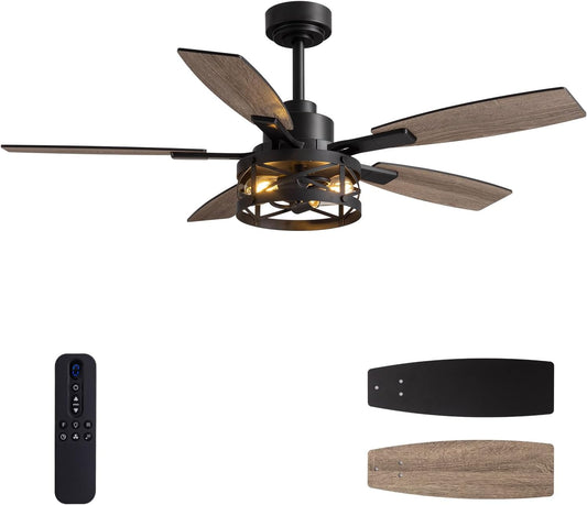 52 Inch Ceiling Fan with Light and Remote Control, Farmhouse Ceiling Fan with LED Lighting for Bedroom Living Room and Patio, Black Caged Ceiling Fan for Indoor and Outdoor(NO Bulbs)