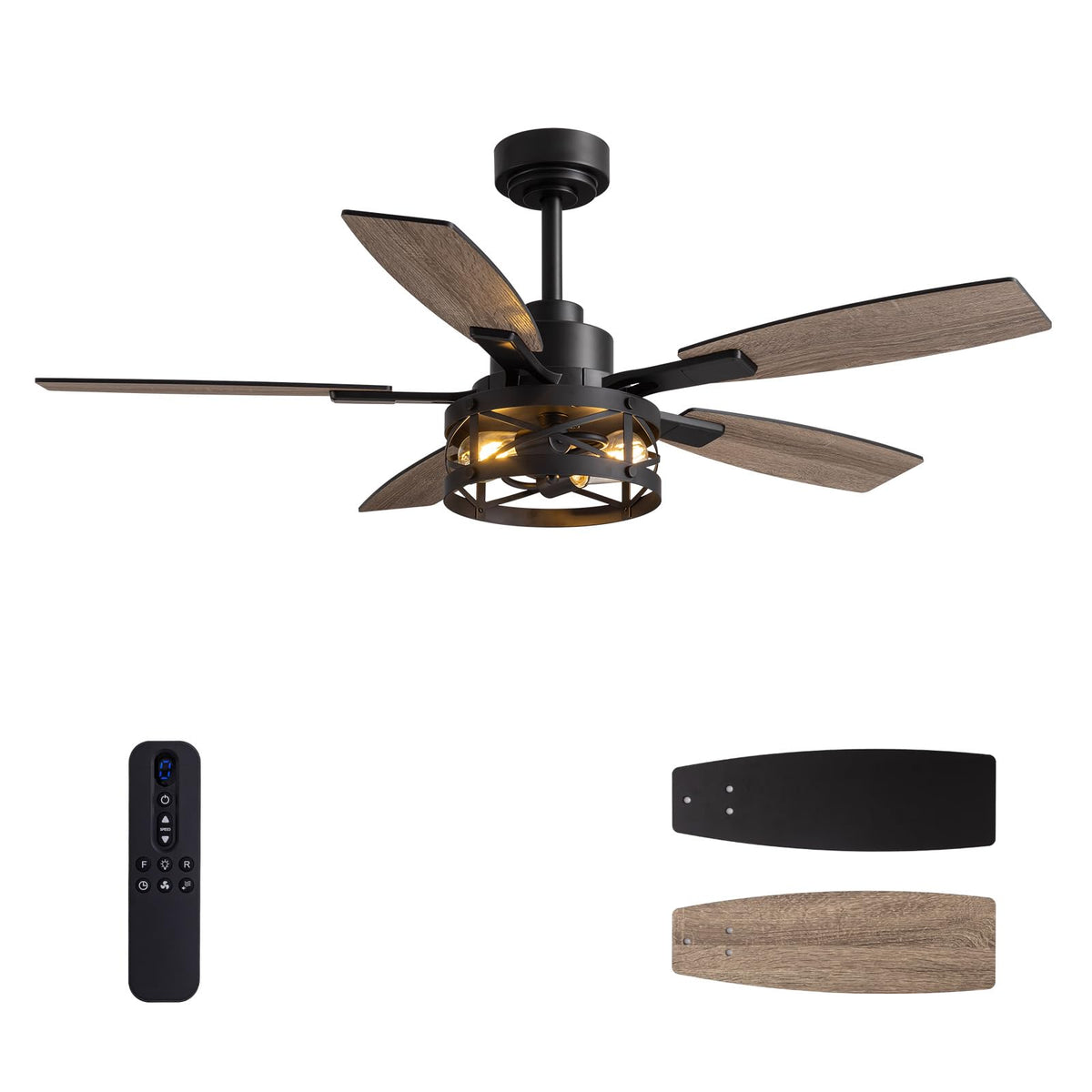 52 Inch Ceiling Fan with Light and Remote Control, Farmhouse Ceiling Fan with LED Lighting for Bedroom Living Room and Patio, Black Caged Ceiling Fan for Indoor and Outdoor(NO Bulbs)