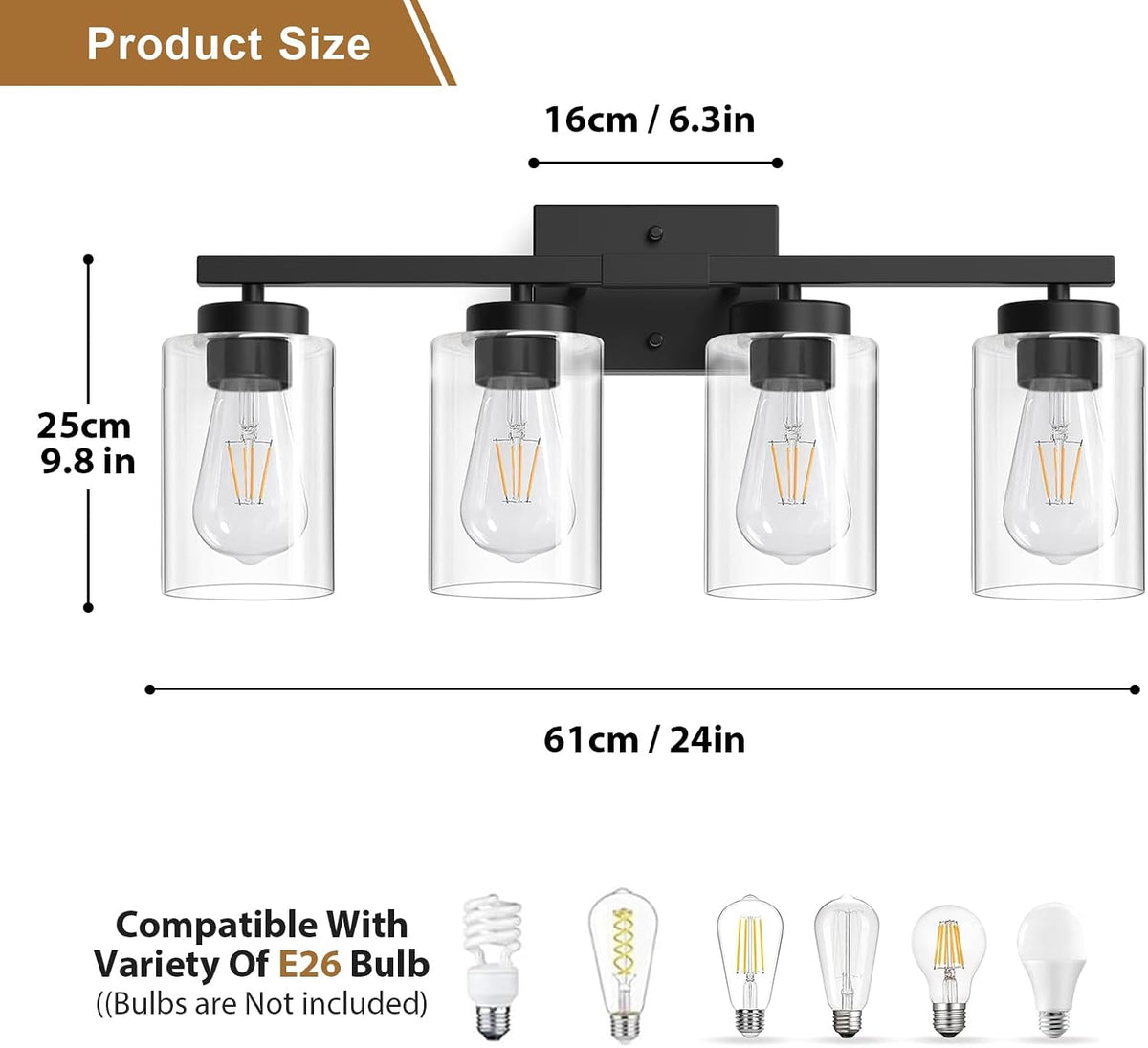 IZORRO Modern Bathroom Light Fixtures, 4 Light Black Vanity Lights, Bathroom Lighting Fixtures Over Mirror with Clear Glass for Living Room Cabinet Bedroom