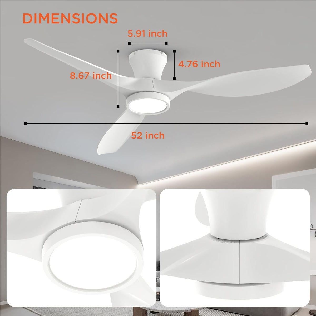 TALOYA 52 inch Ceiling Fans with Lights and Remote Control White | Modern Low Profile,Flush Mount ,Quiet Reversible DC Motor,3 Blades, for Bedroom Patio Indoor Covered Outdoor Use