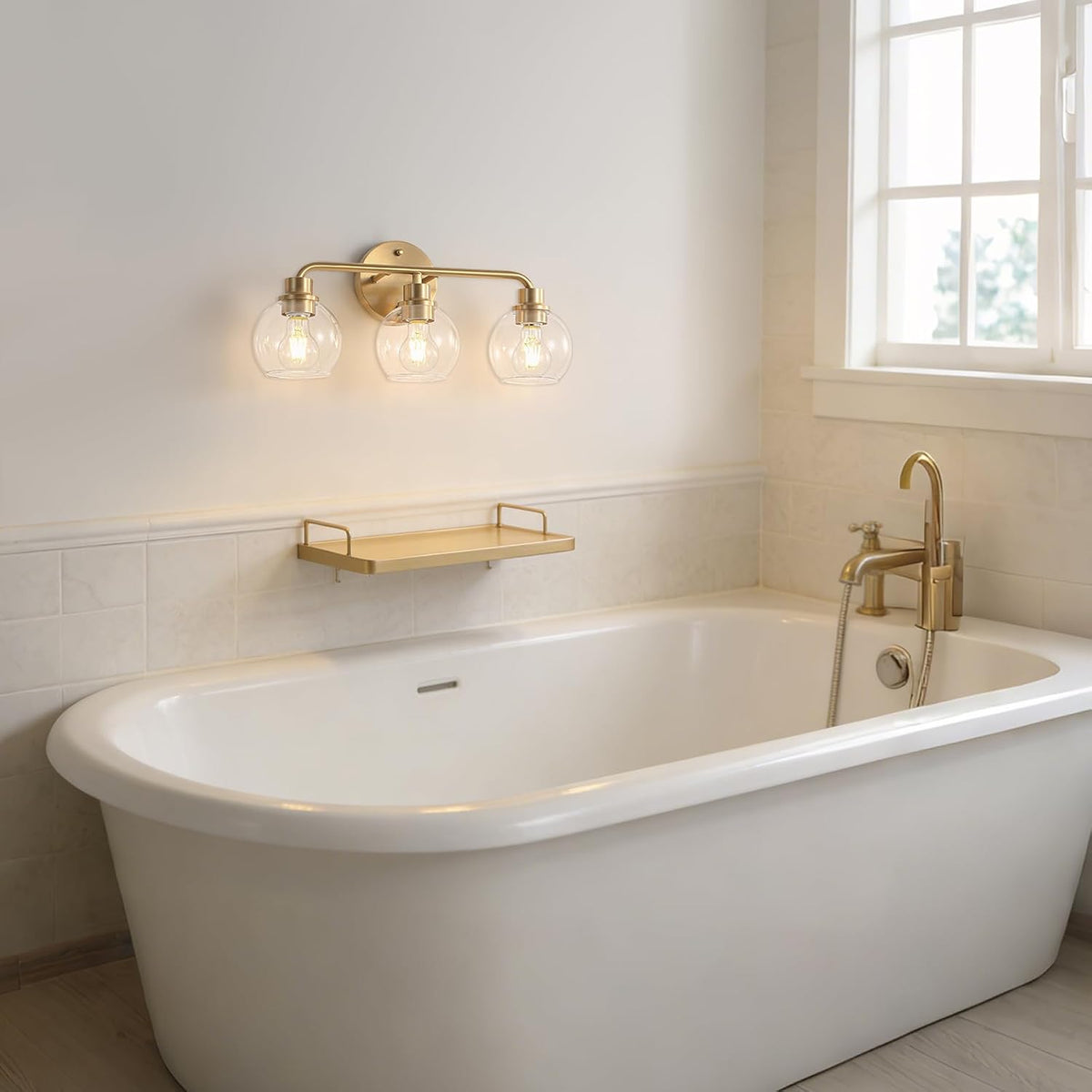 Bathroom Light Fixtures Gold Vanity Light 3 Light Brushed Brass | Wall Sconces Lighting with Clear Globe Glass Shades Bath Wall Lamp for Mirror Kitchen Living Room Bedroom Hallway