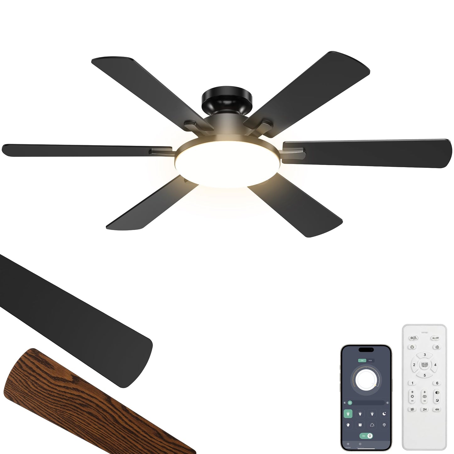 52'' Ceiling Fans with Lights and Remote Control for Living Room | 6 Blades, 6 Speeds, MAX 5600 CFM, Remote&APP Control, 3CCT Dimmable LED, All Metal Body, Memory Function, Reversible DC Motor