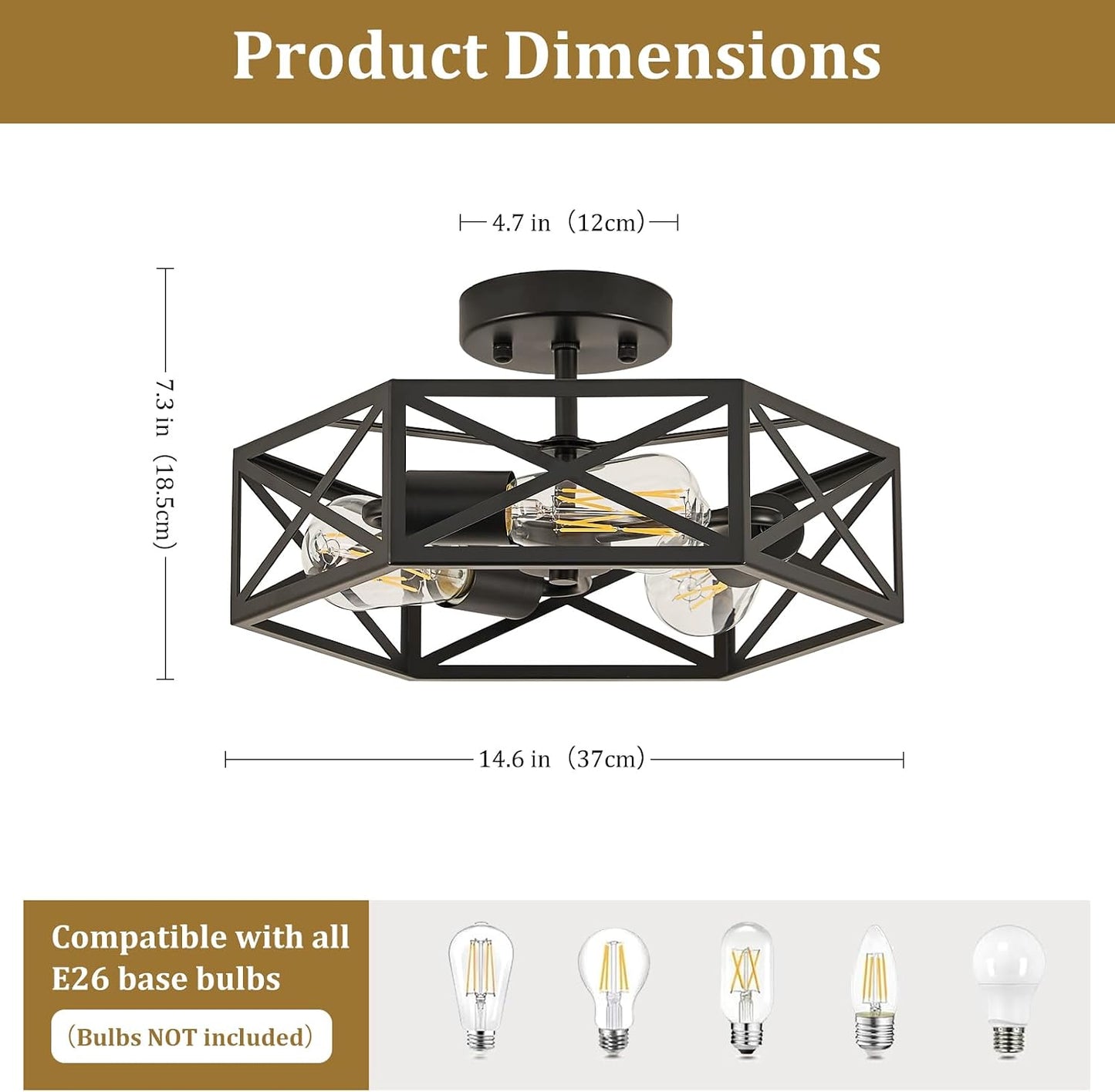 Modern Farmhouse Black Metal Semi Flush Mount Ceiling Light Fixture 14.6 in | Industrial Lighting Fixture,Hexagonal Close to Ceiling Lights for Kitchen Island, Hallway,Bedroom,Foyer,Dining,Laundry Room