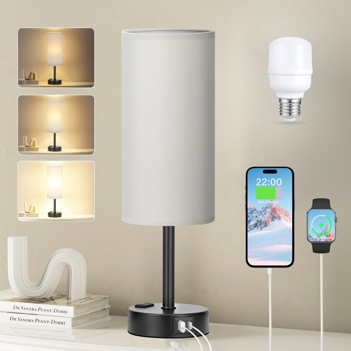Bedside Table Lamp for Bedroom - Dimmable Touch, USB A+C, AC Outlet | 3-Way Dimmable, LED Bulb Included, Fabric Lampshade, Wood-Grain Metal Base, 14" Small Nightstand Lamp for Desk, Living Room