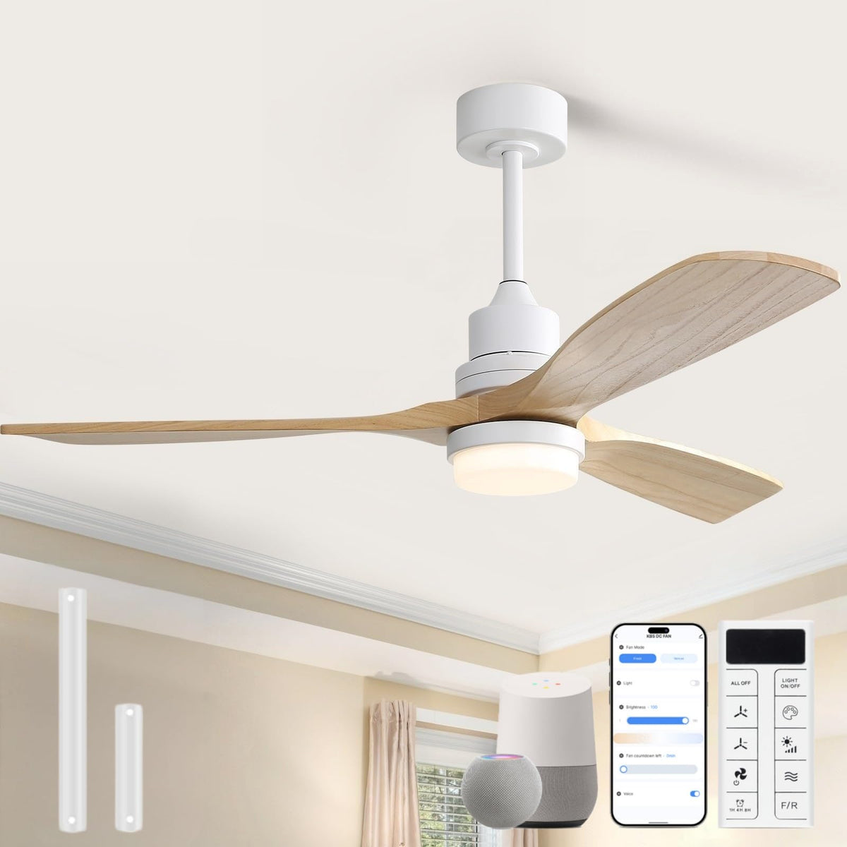 Sofucor 52 Inch Wood Ceiling Fans with Lights and Remote, Indoor/Outdoor | Modern, 3 Blade, Quiet Reversible DC Motor, 3CCT Dimmable, 6 Speeds, Timer, Bedroom/Living Room/Patio/Kitchen, Natural Wood
