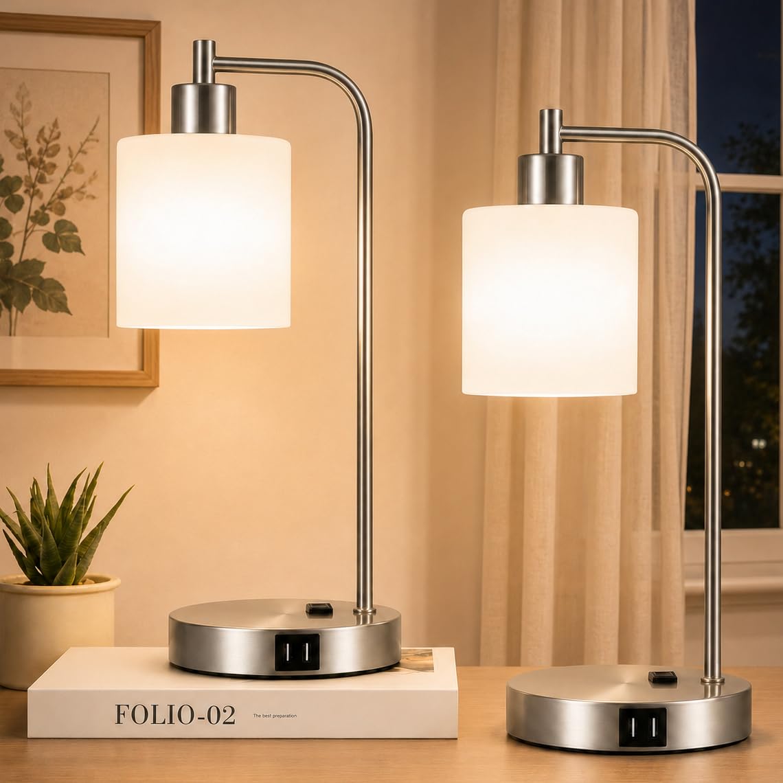 Set of 2 Industrial Touch Control Table Lamps with USB C+A Ports and AC Outlet - 3-Way Dimmable Black Bedside Lamps Nightstand Desk Lamps for Bedroom Living Room, Glass Shade & 2 LED Bulbs Included